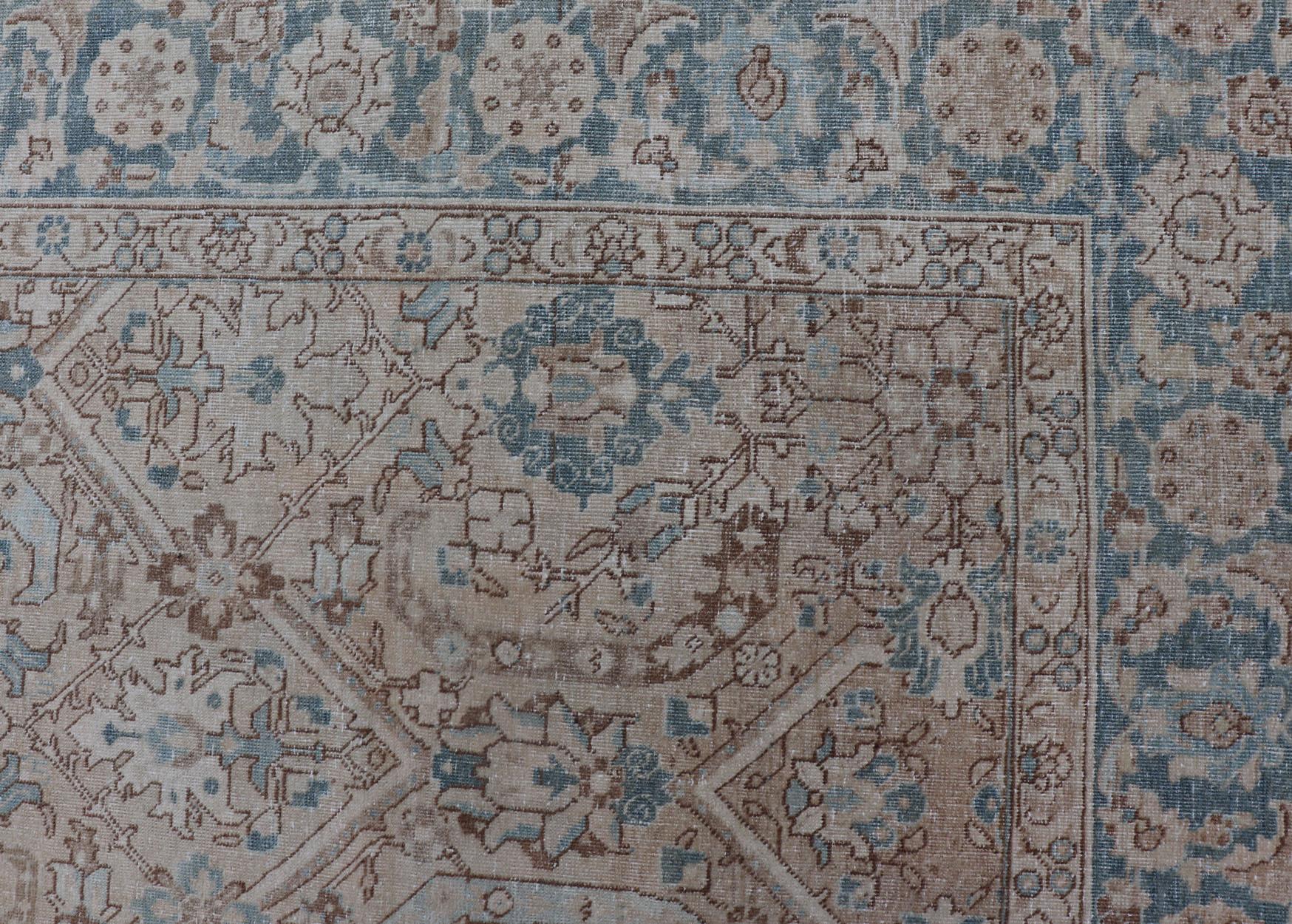 Blue, Brown and Tan Persian Antique Tabriz Rug with All-Over Geometric Design For Sale 3
