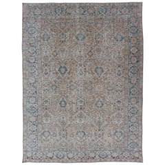 Blue, Brown and Tan Persian Antique Tabriz Rug with All-Over Geometric Design