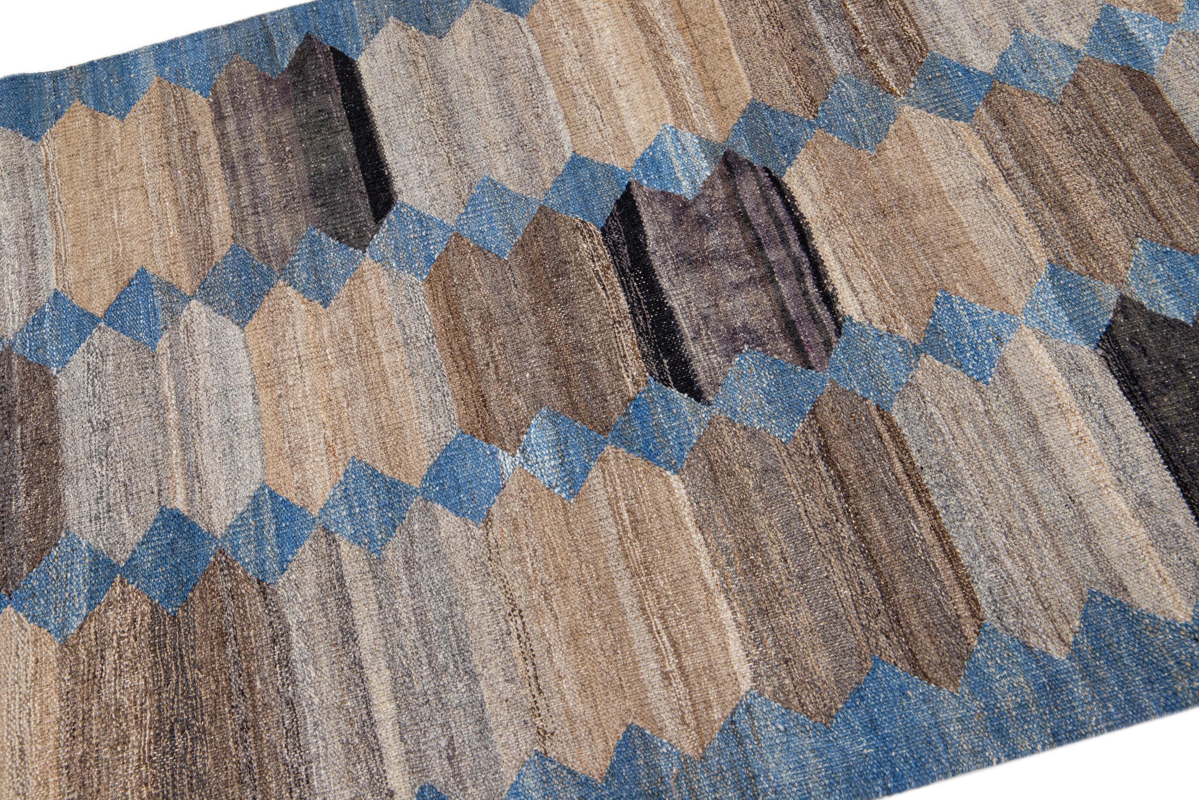 Pakistani Blue and Brown Flatweave Kilim Wool Runner with a Modern Abstract Design For Sale