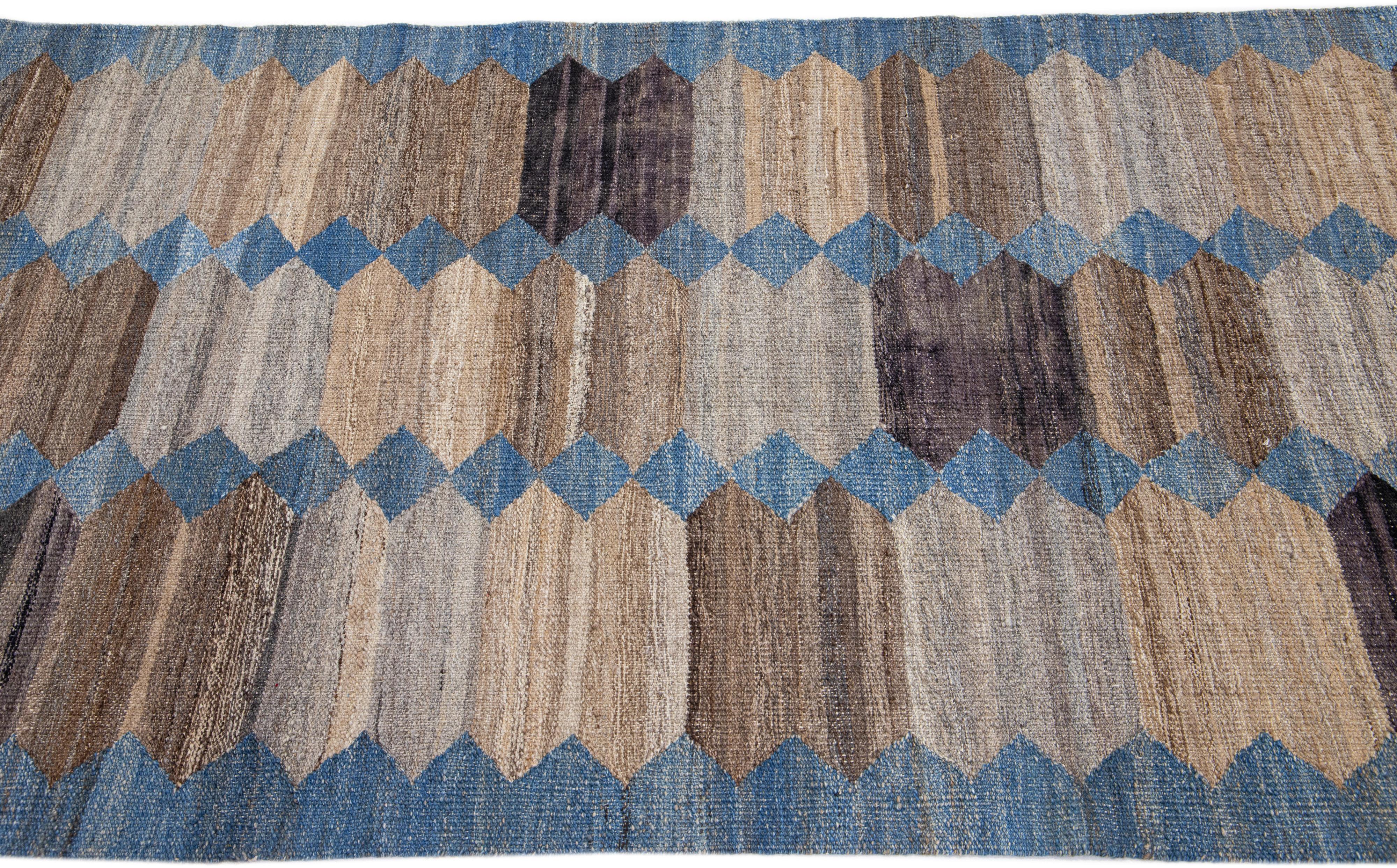 Hand-Knotted Blue and Brown Flatweave Kilim Wool Runner with a Modern Abstract Design For Sale