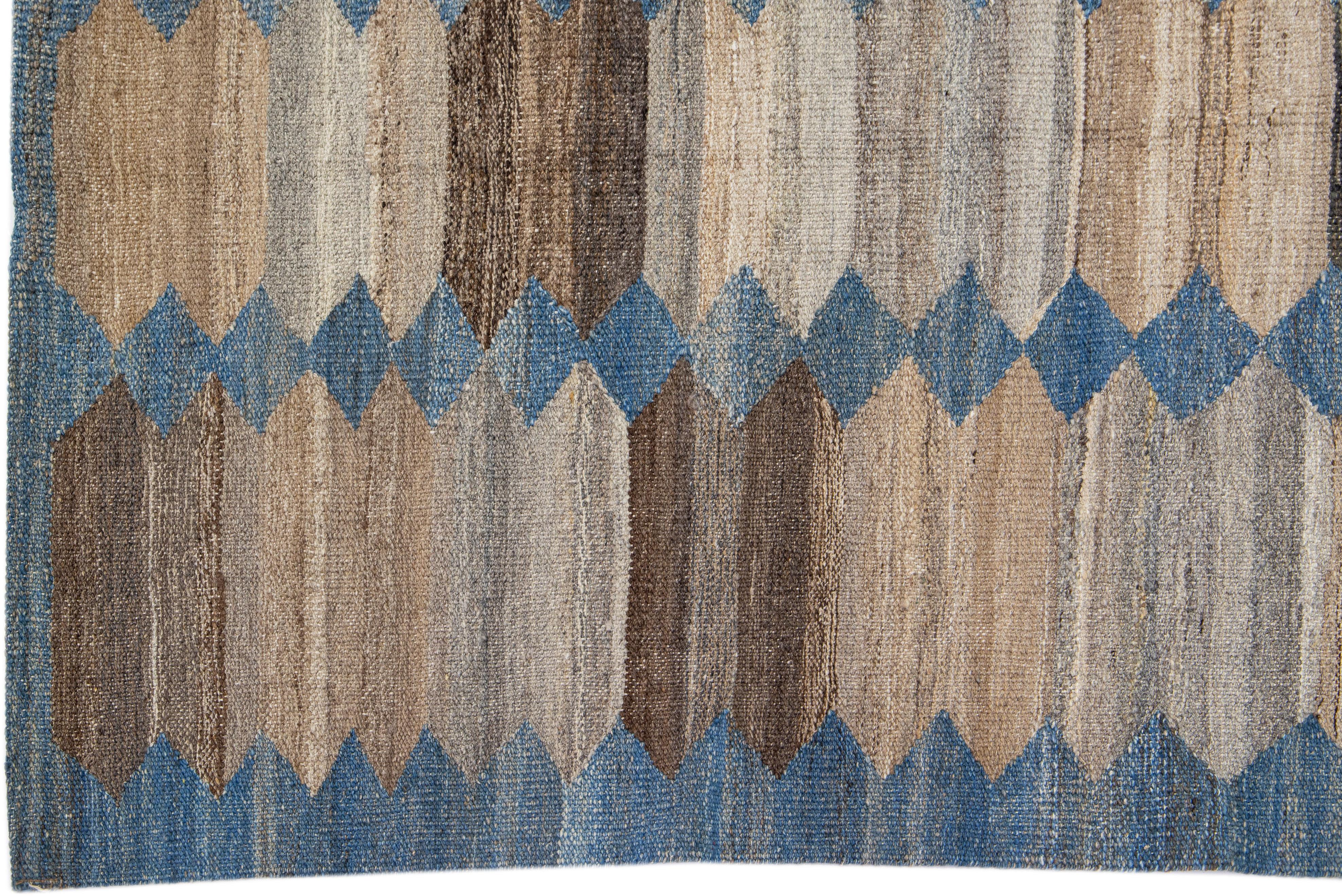 Blue and Brown Flatweave Kilim Wool Runner with a Modern Abstract Design In New Condition For Sale In Norwalk, CT