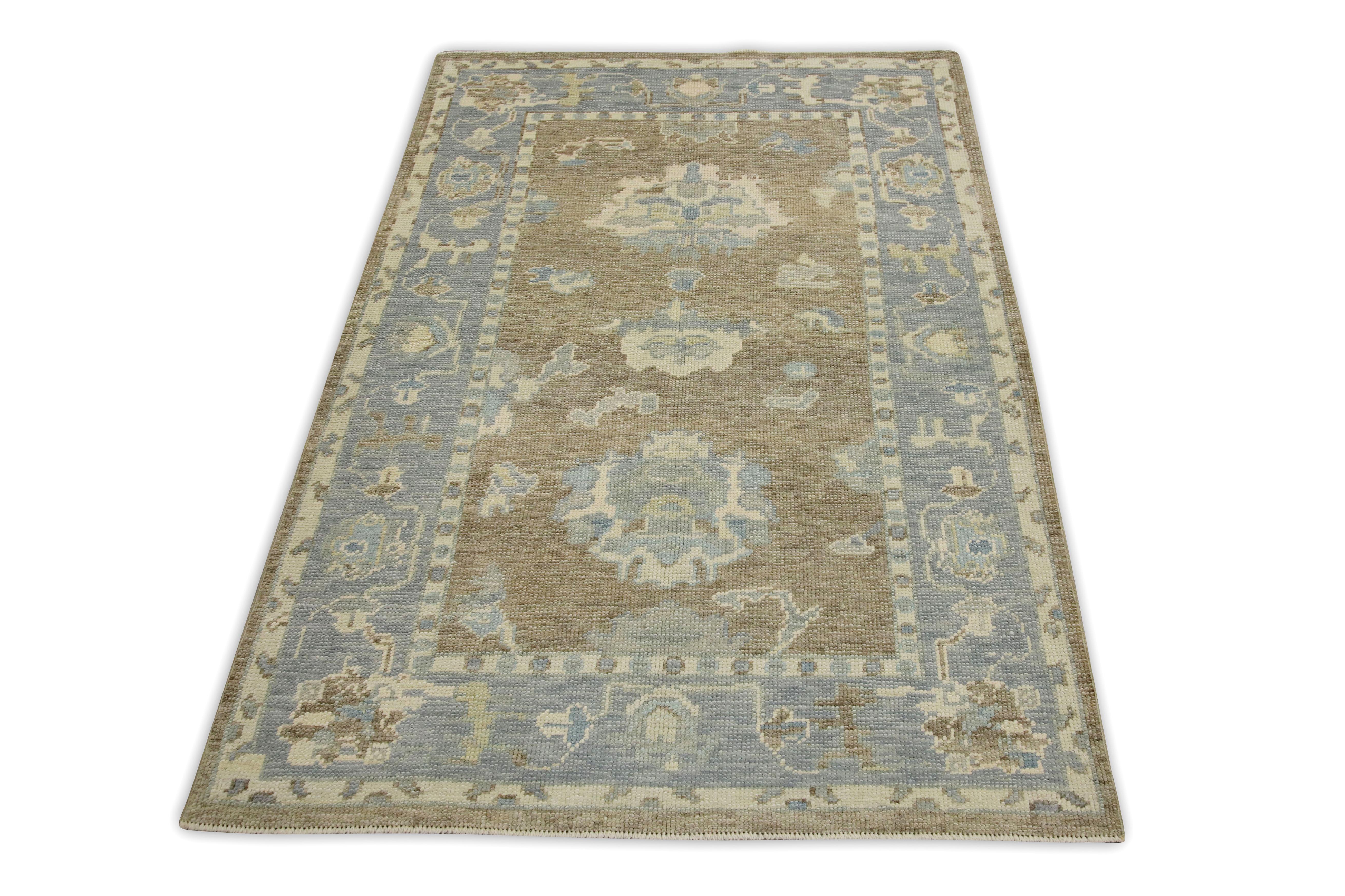Contemporary Blue & Brown Floral Design Handwoven Wool Turkish Oushak Rug 3'8