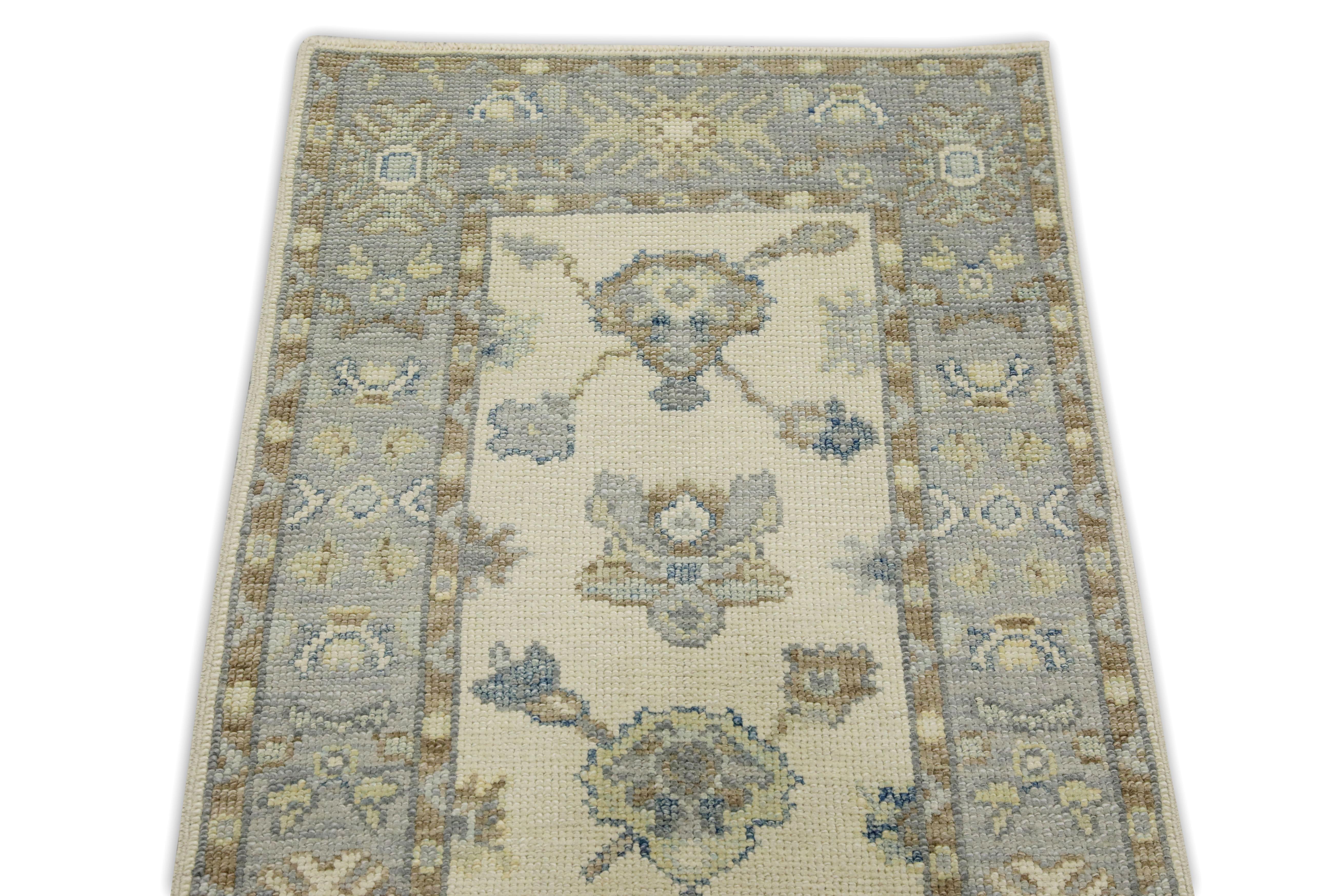 Blue & Brown Floral Design Handwoven Wool Turkish Oushak Runner In New Condition For Sale In Houston, TX