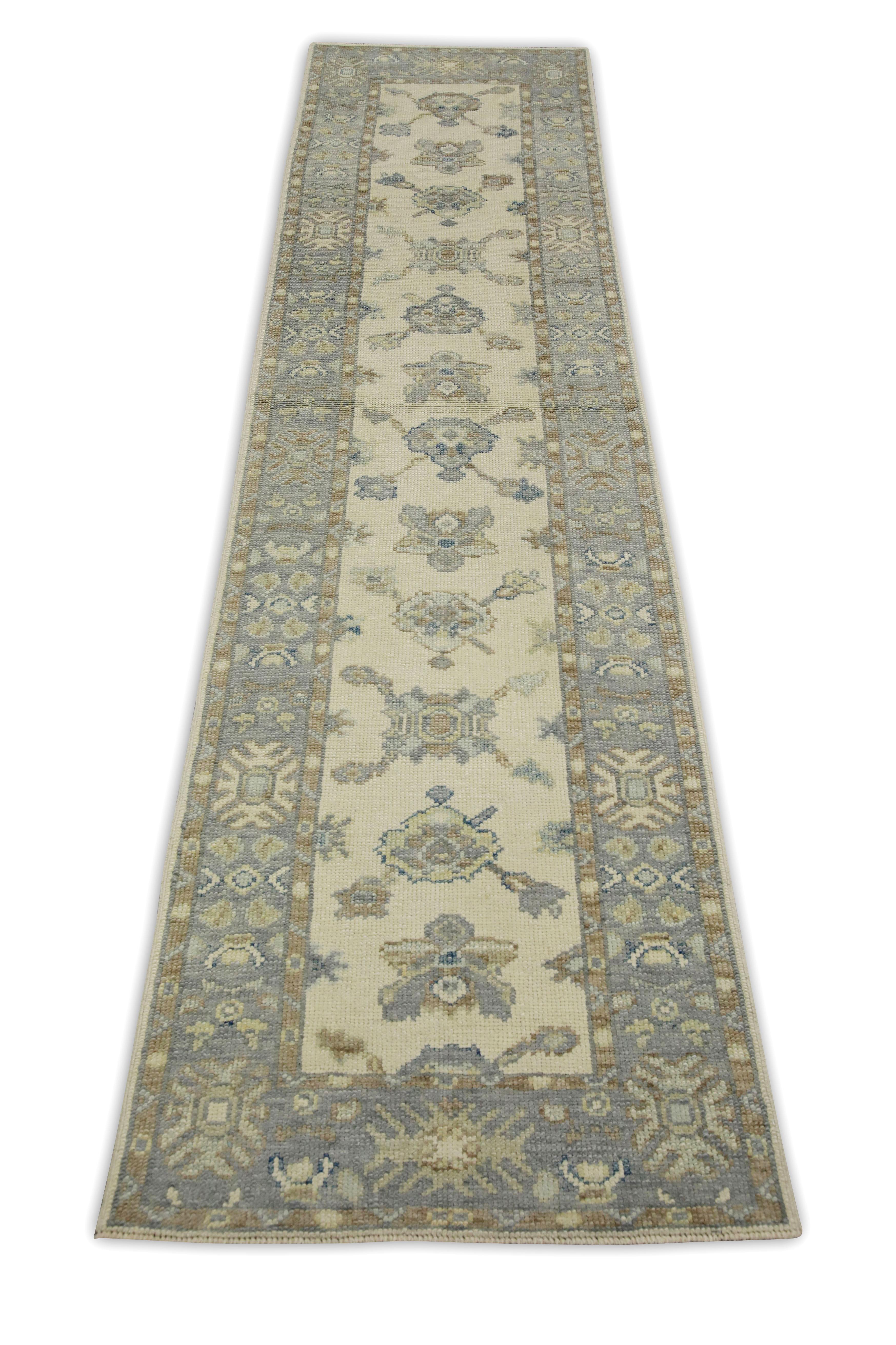 Contemporary Blue & Brown Floral Design Handwoven Wool Turkish Oushak Runner For Sale