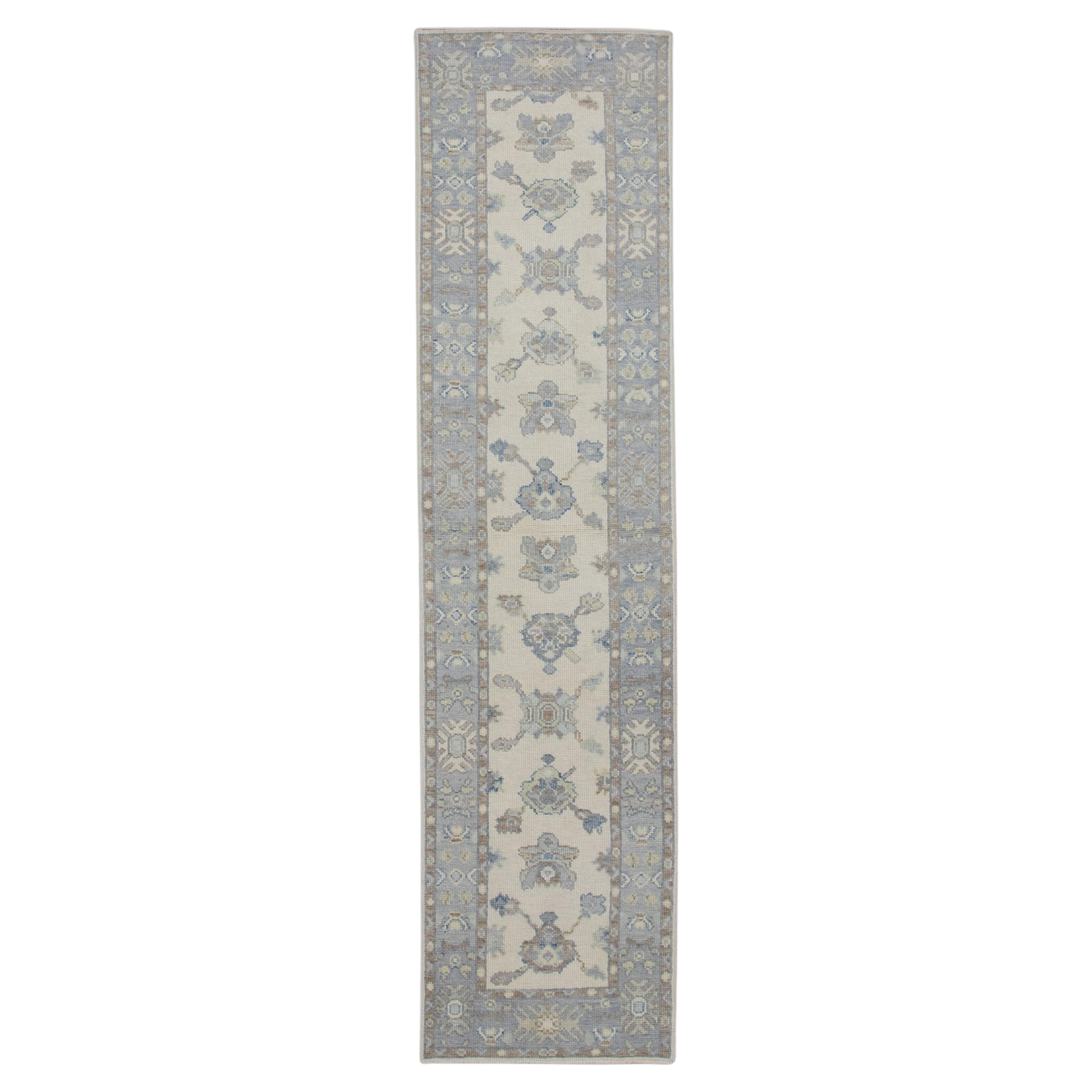 Blue & Brown Floral Design Handwoven Wool Turkish Oushak Runner