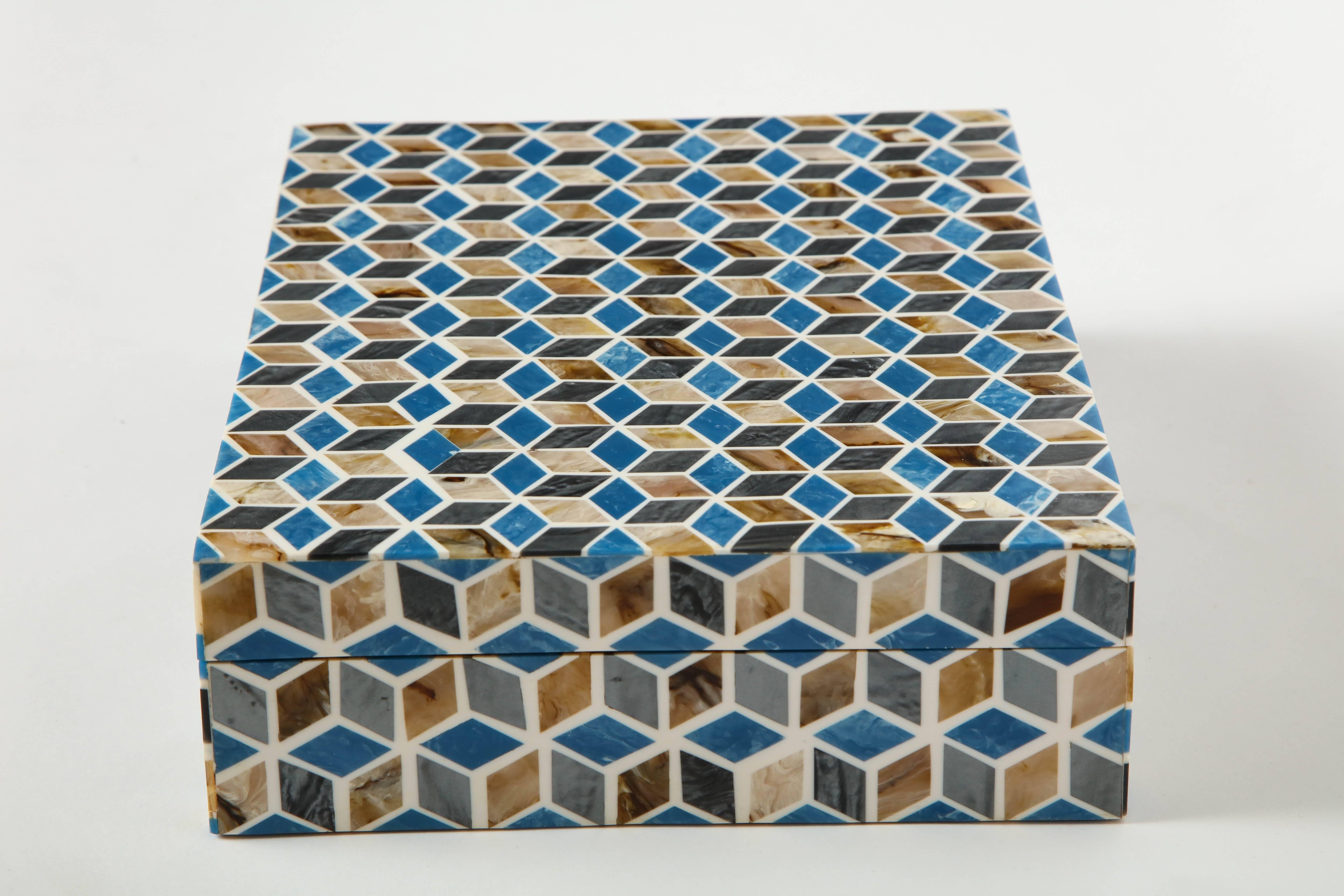 Modern Blue, Brown Geometric Bone Inlay Box