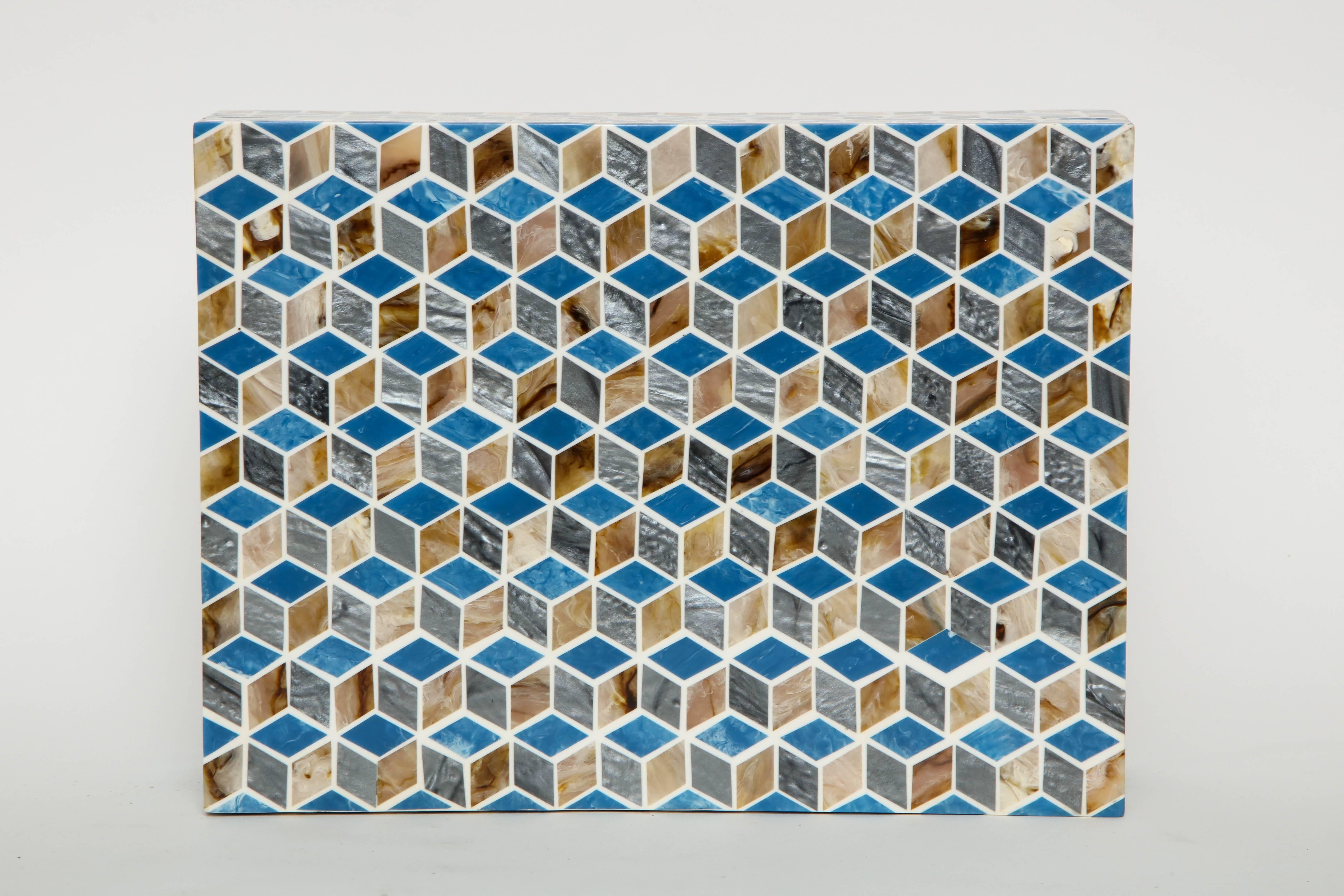 Contemporary Blue, Brown Geometric Bone Inlay Box