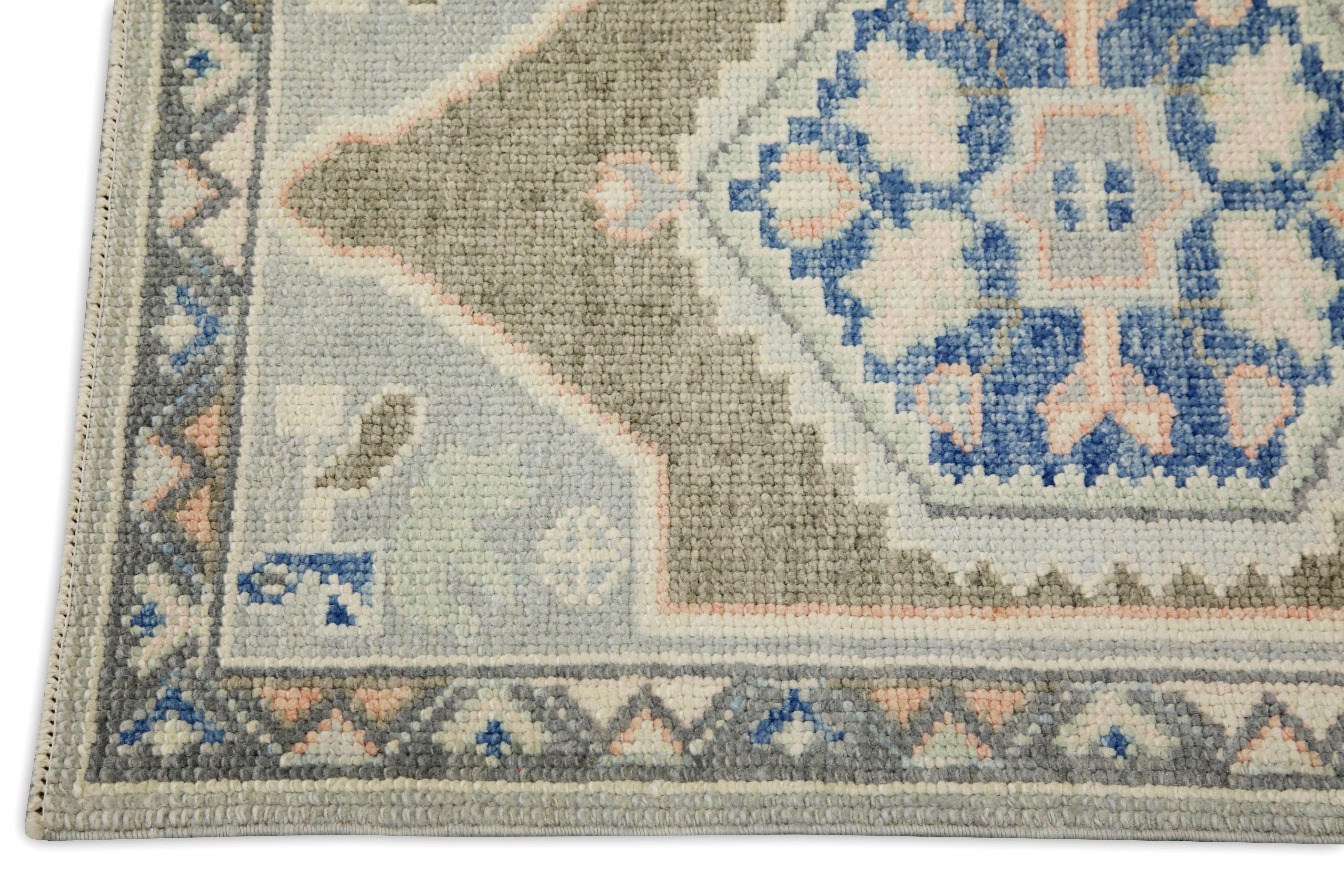 Vegetable Dyed Blue & Brown Geometric Design Handwoven Wool Turkish Oushak Rug For Sale