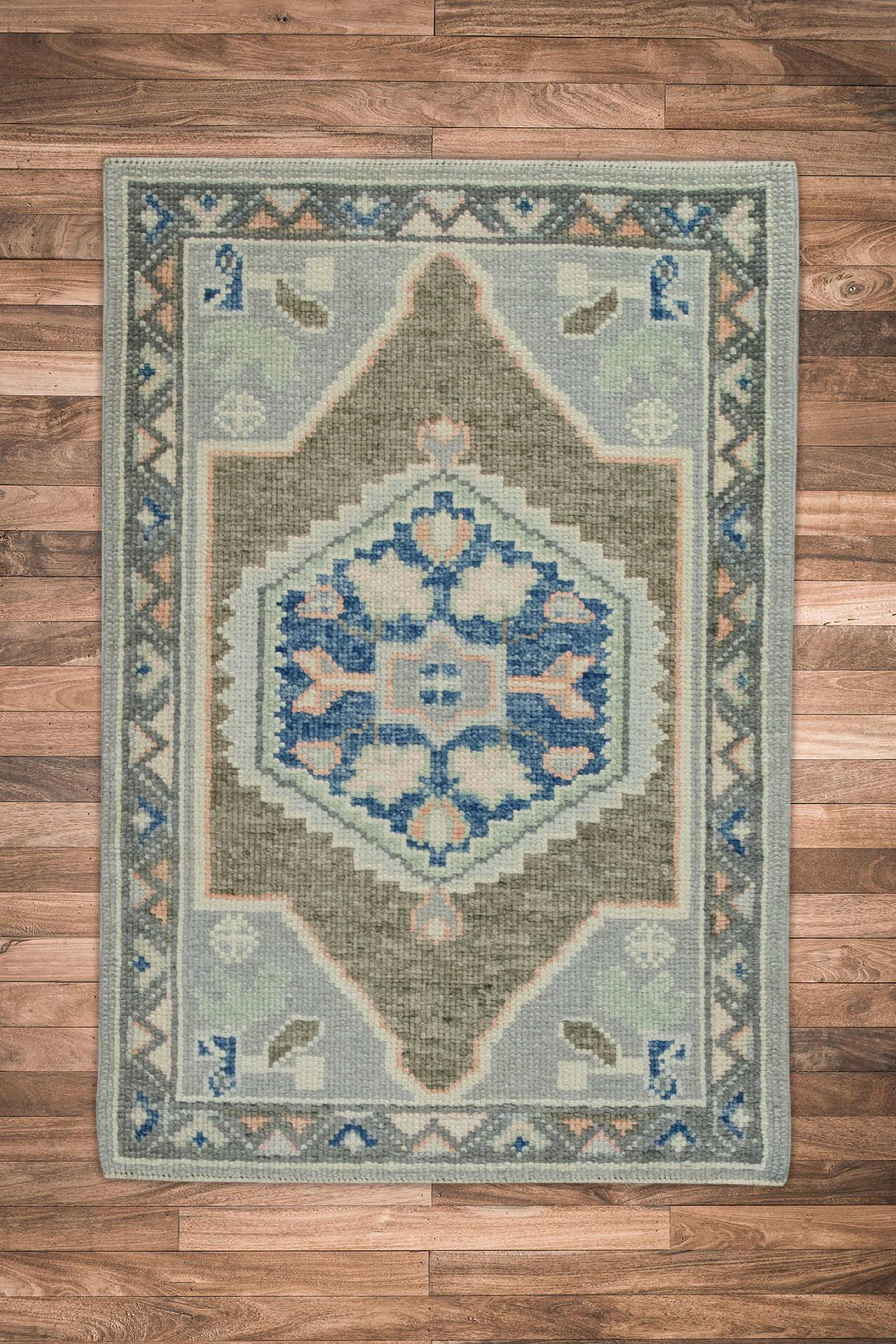 Contemporary Blue & Brown Geometric Design Handwoven Wool Turkish Oushak Rug For Sale
