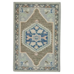 Blau & Brown Geometrisches Design Handgewebte Wolle Türkisch Oushak Teppich 2'3" x 3'2"