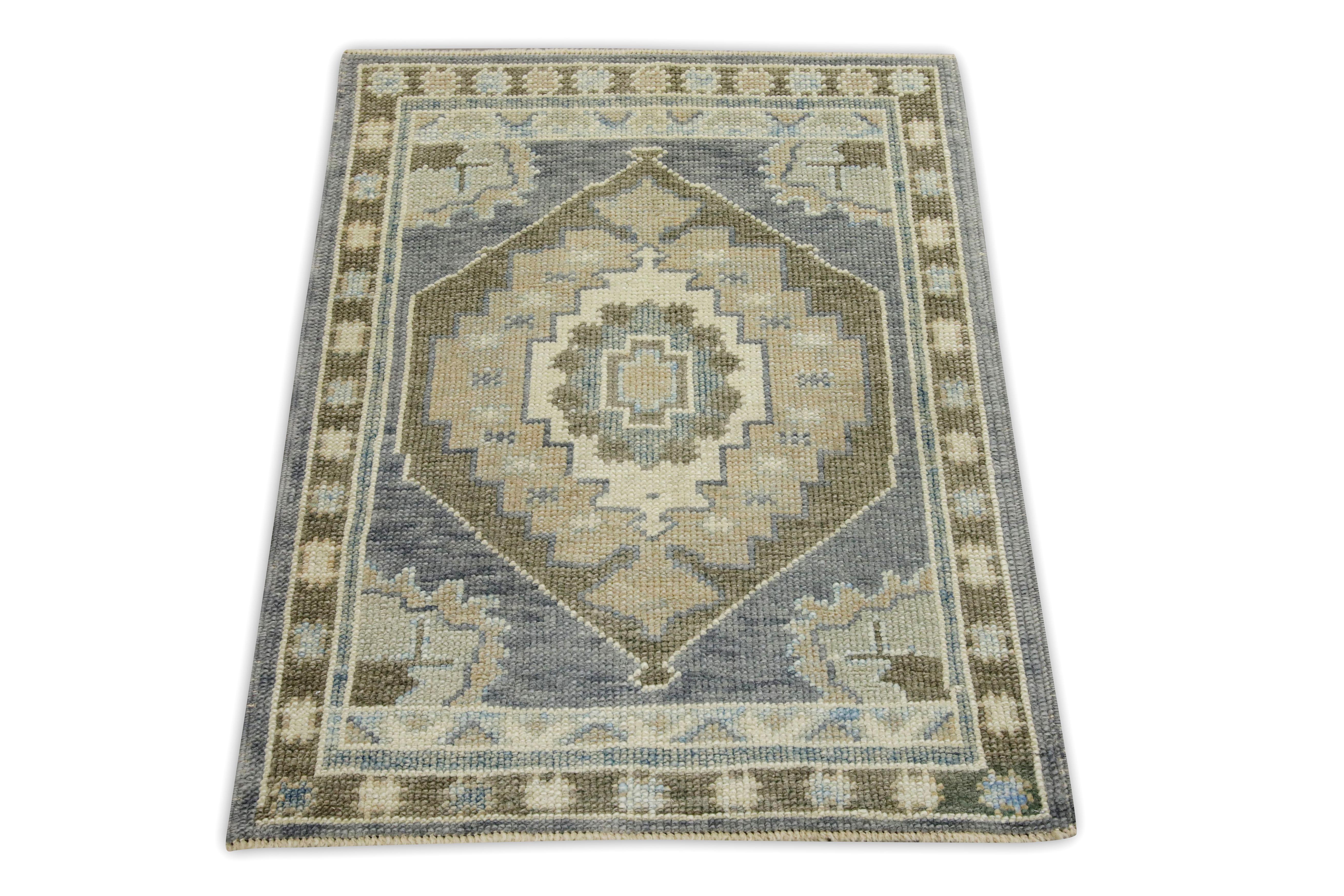 Blue & Brown Geometric Design Handwoven Wool Turkish Oushak Rug In New Condition For Sale In Houston, TX