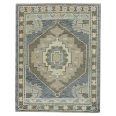 Blau & Brown Geometrisches Design Handgewebte Wolle Türkisch Oushak Teppich 2'4" x 2'11"