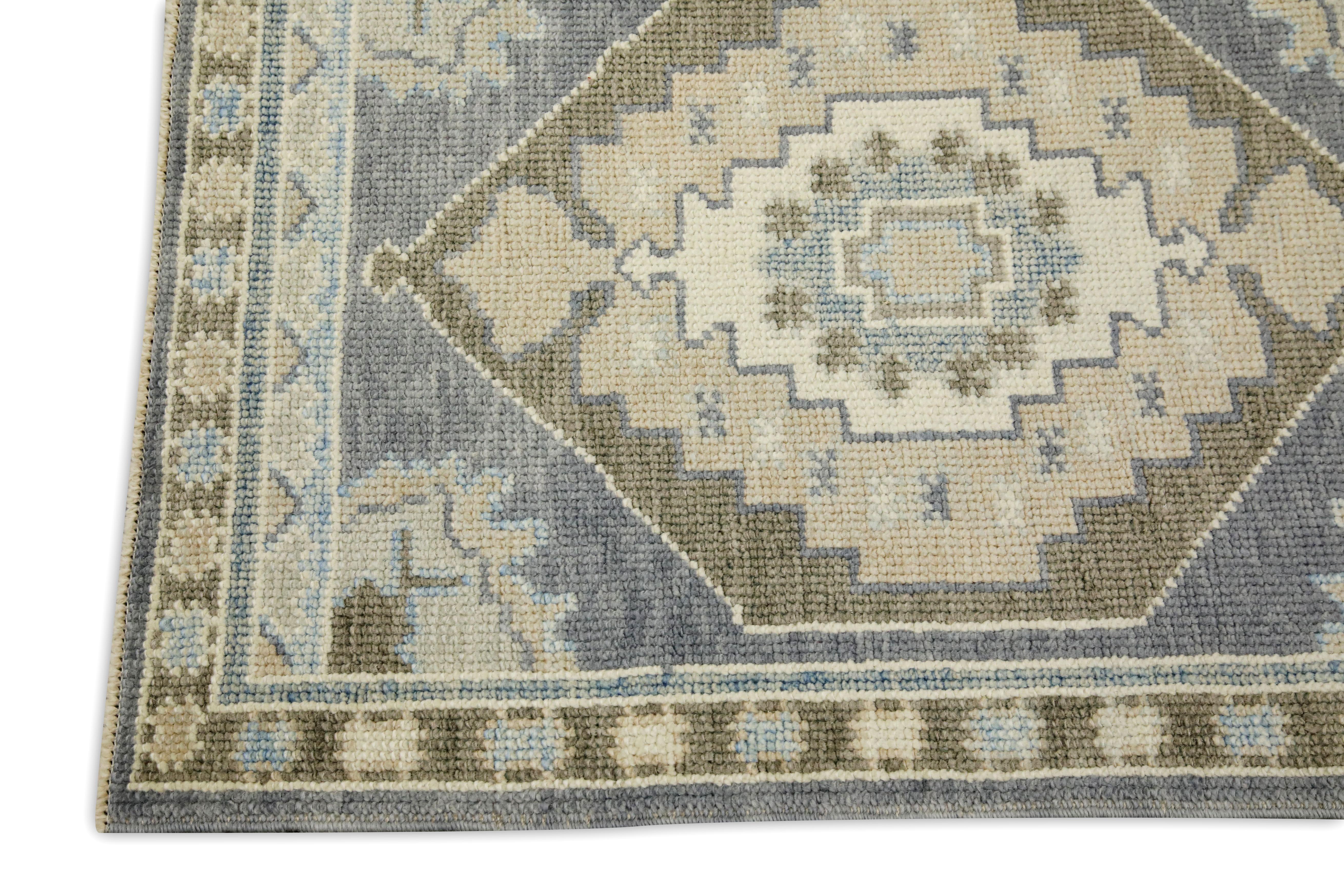 Hand-Woven Blue & Brown Geometric Design Handwoven Wool Turkish Oushak Rug For Sale