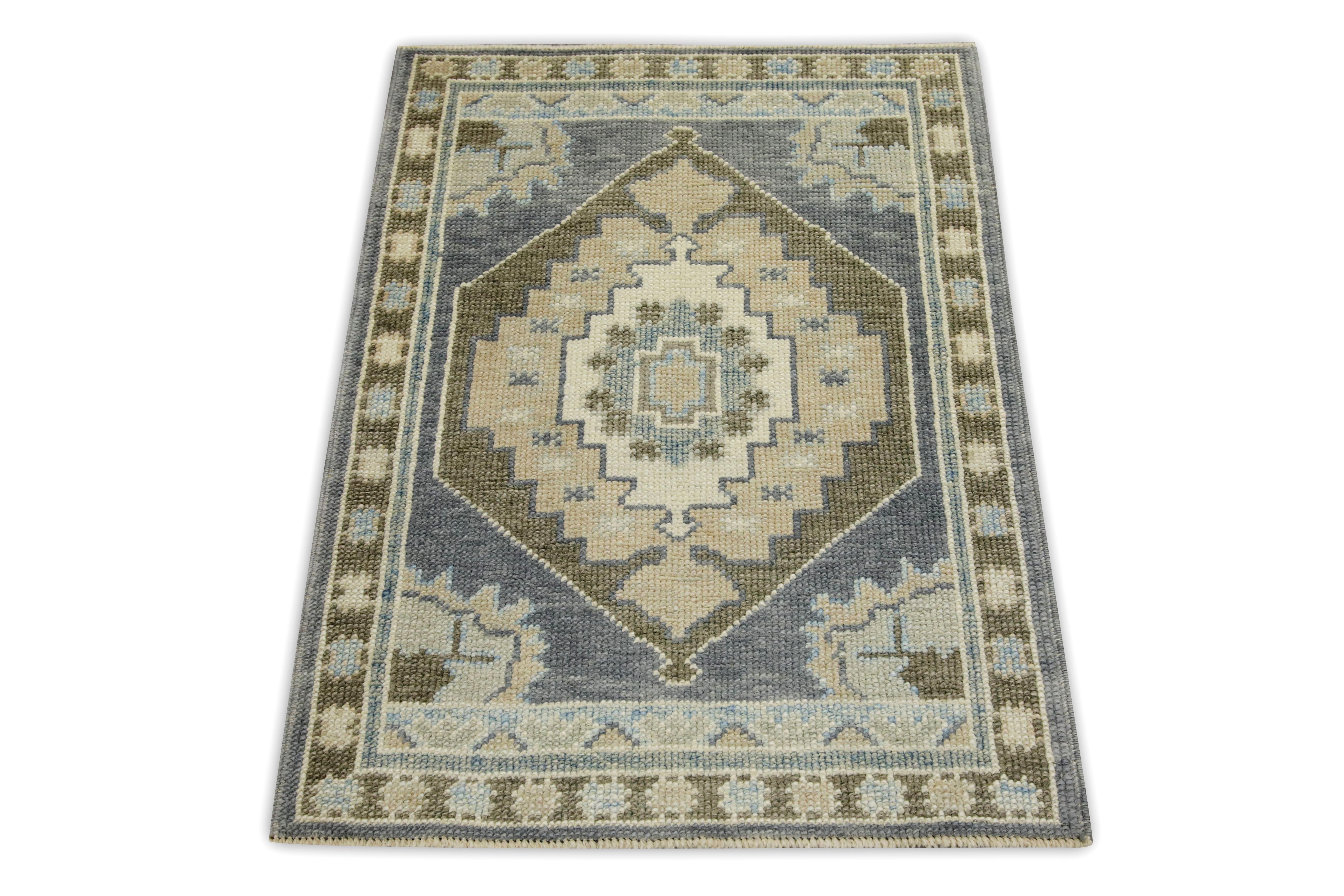 Blue & Brown Geometric Design Handwoven Wool Turkish Oushak Rug In New Condition For Sale In Houston, TX