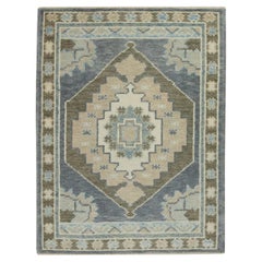 Blau & Brown Geometrisches Design Handgewebte Wolle Türkisch Oushak Teppich 2'4" x 3'1"