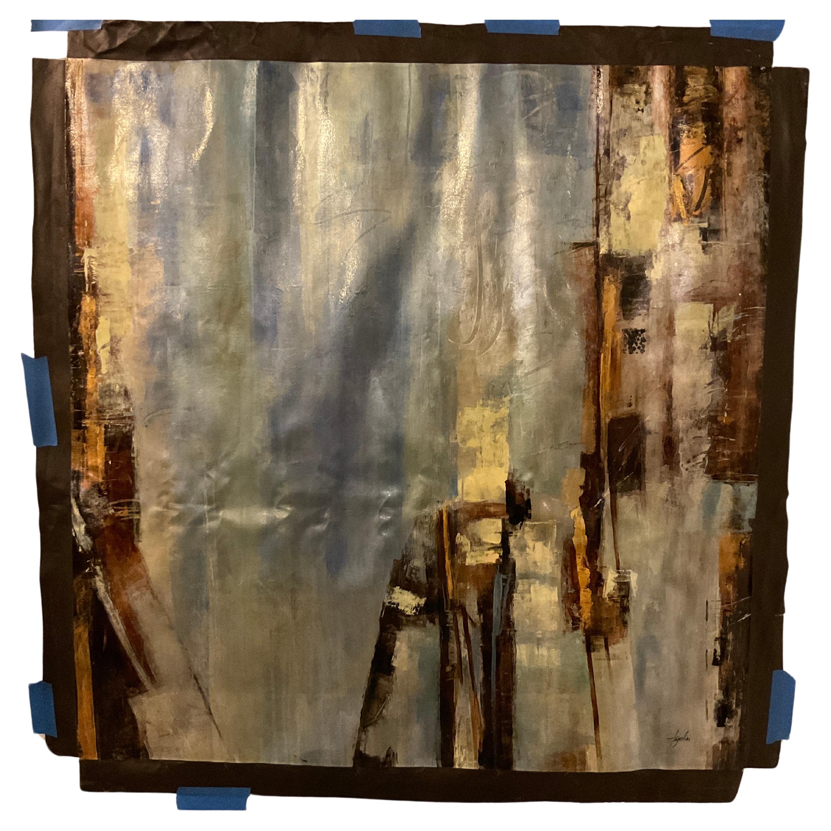 Blue / Brown Large Abstract Oil On Canvas Painting By Angellini