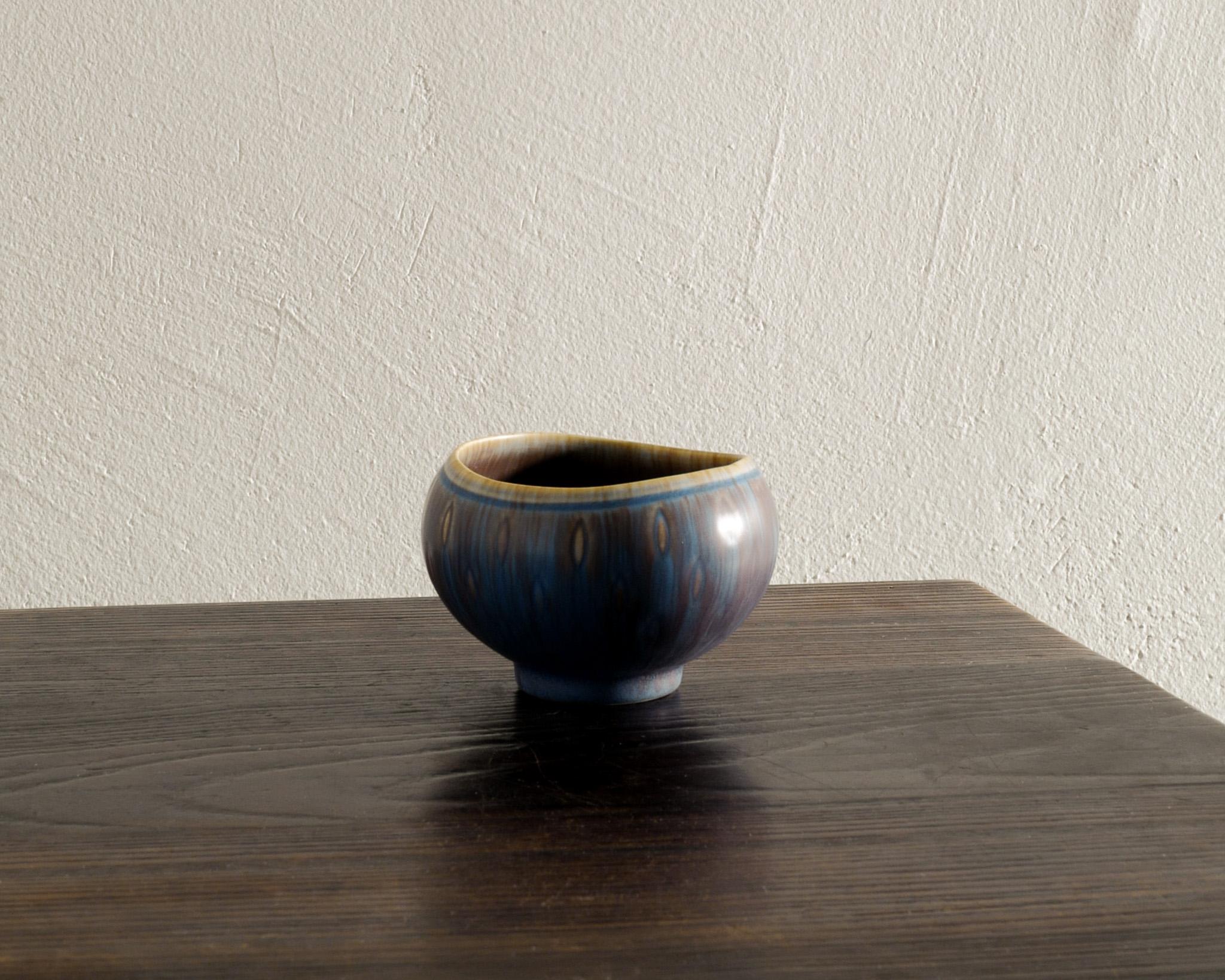 Scandinavian Modern Blue Brown Mid Century Ceramic Bowl by Gunnar Nylund for Rörstrand Sweden 1950s  For Sale