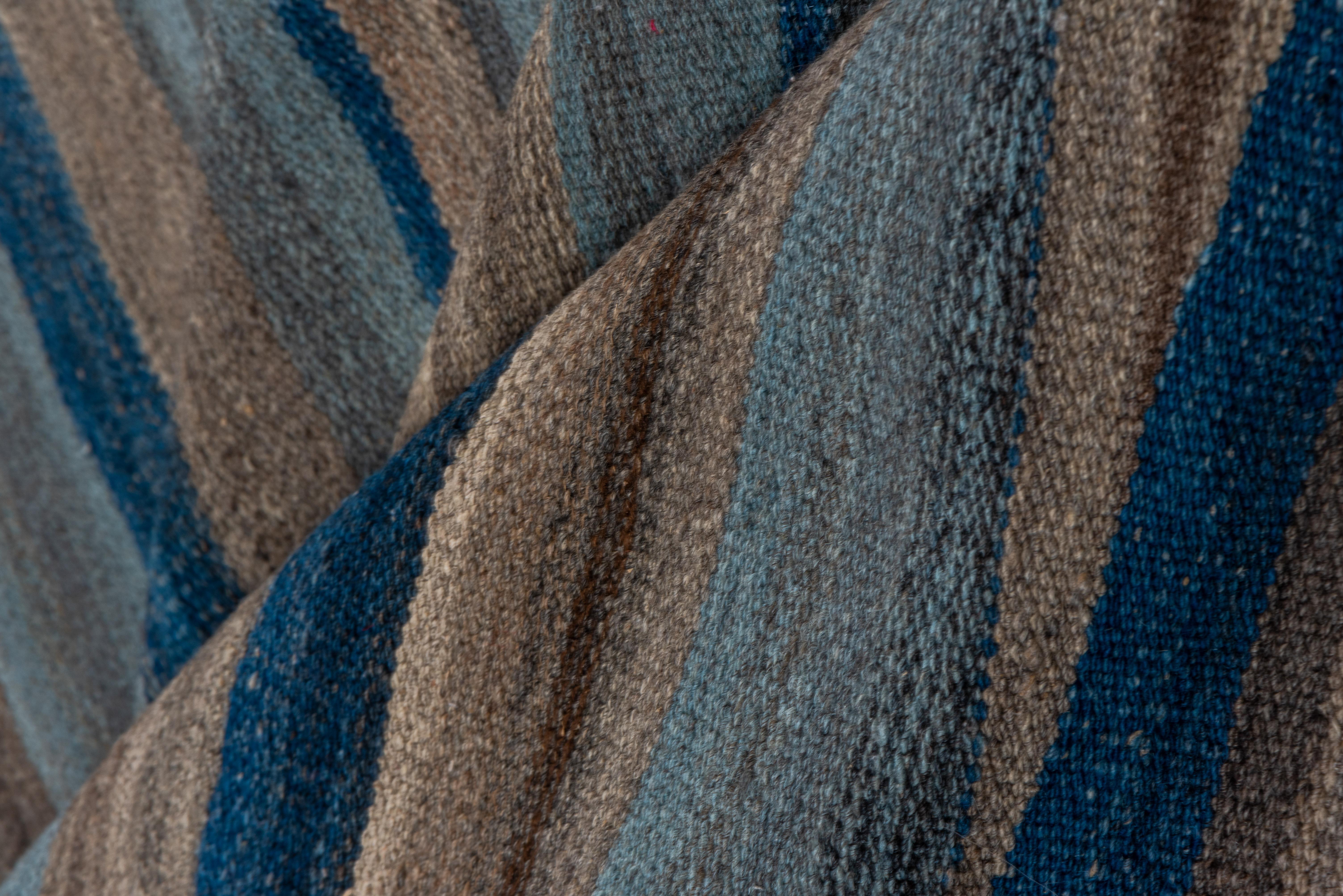 Afghan Blue & Brown Modern Flatweave Wool Rug For Sale