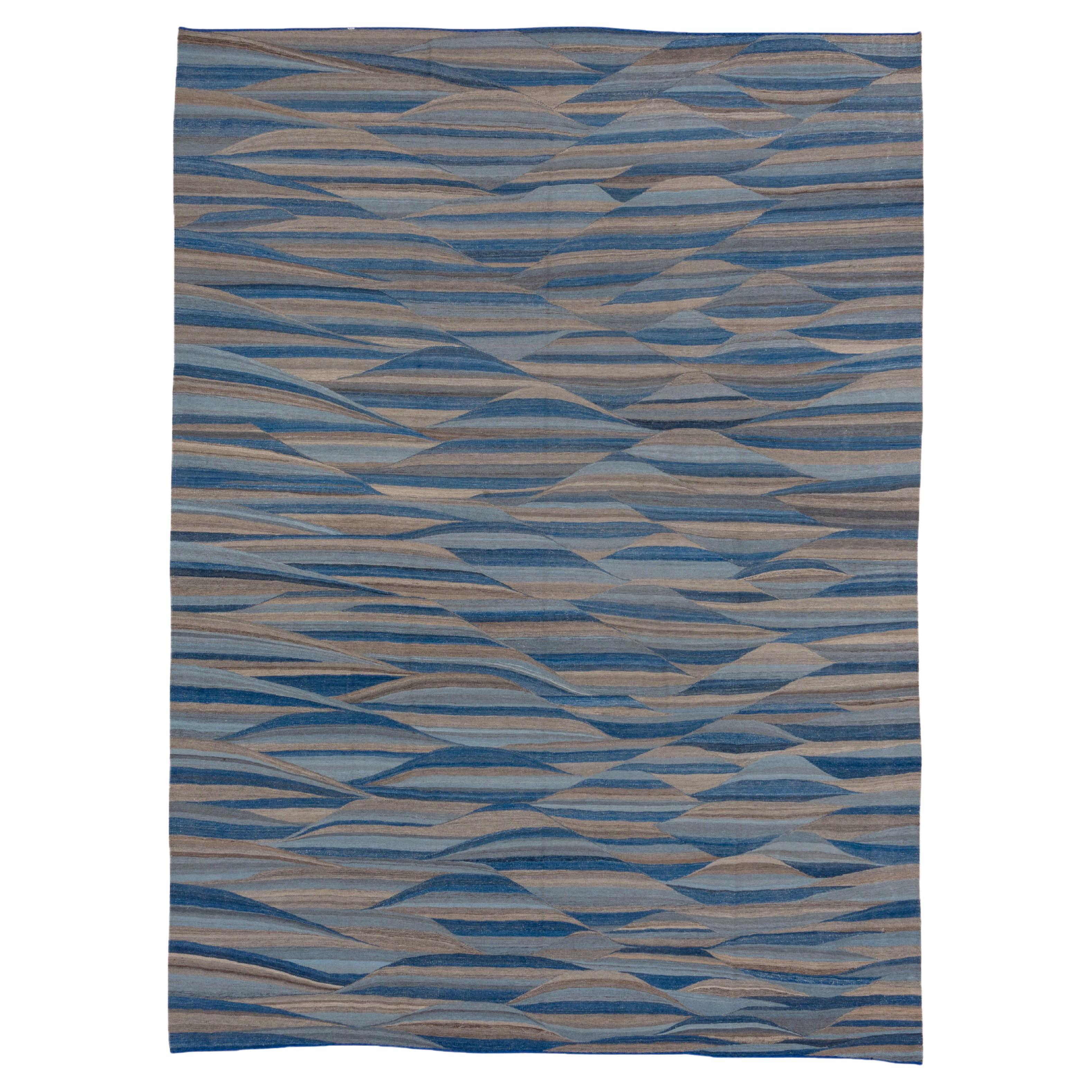 Blue & Brown Modern Flatweave Wool Rug