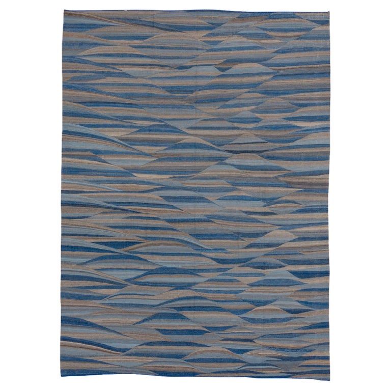 Blue and Brown Modern Flatweave Wool Rug For Sale at 1stDibs