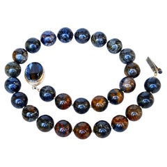 Blue Brown Pietersite Beaded Necklace with Silver Pietersite Clasp, 18.5"