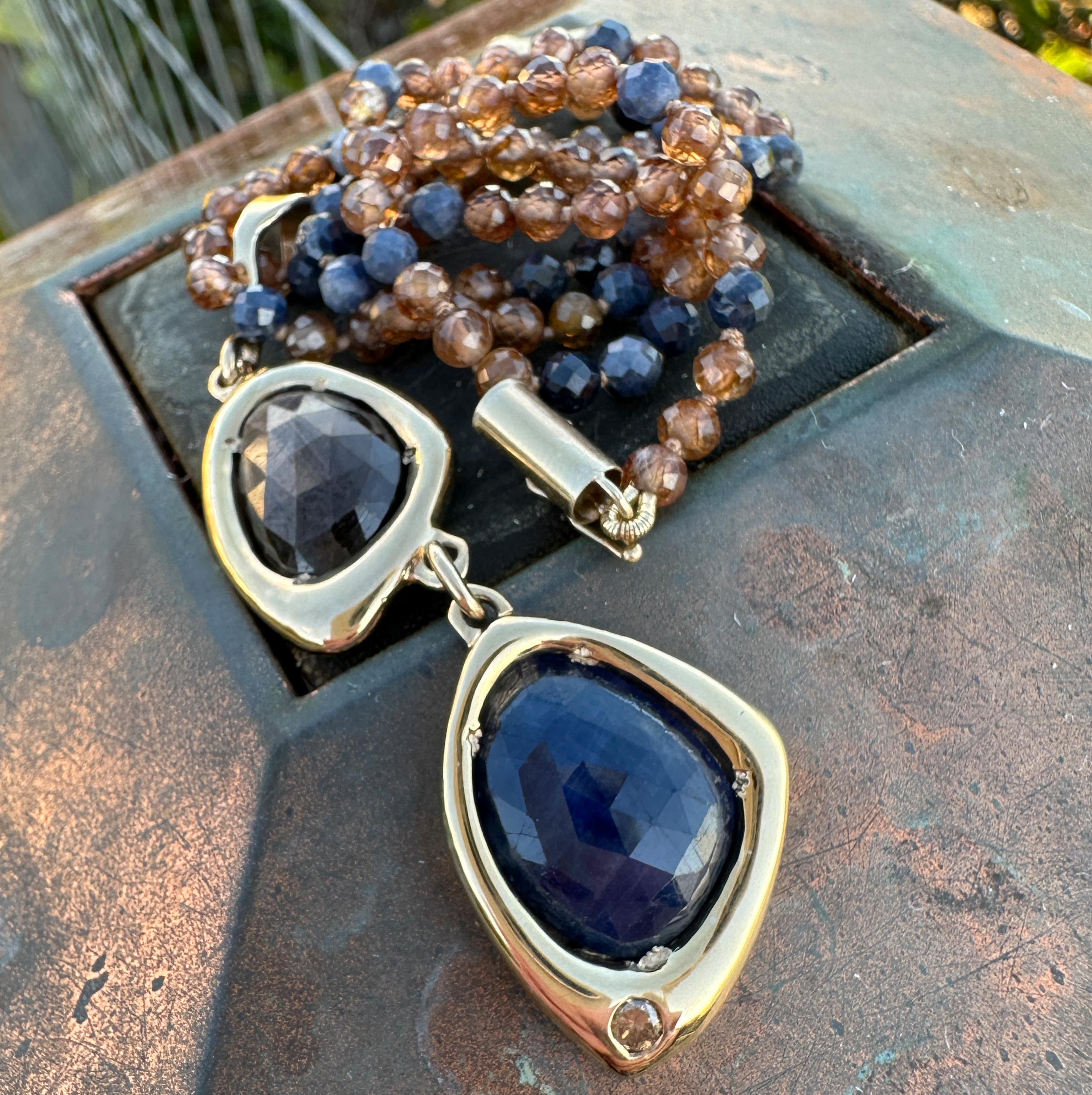 Blue & Brown Sapphire Slice Pendant with Brown Diamond & Sapphire/Zircon Chain In New Condition For Sale In Sherman Oaks, CA