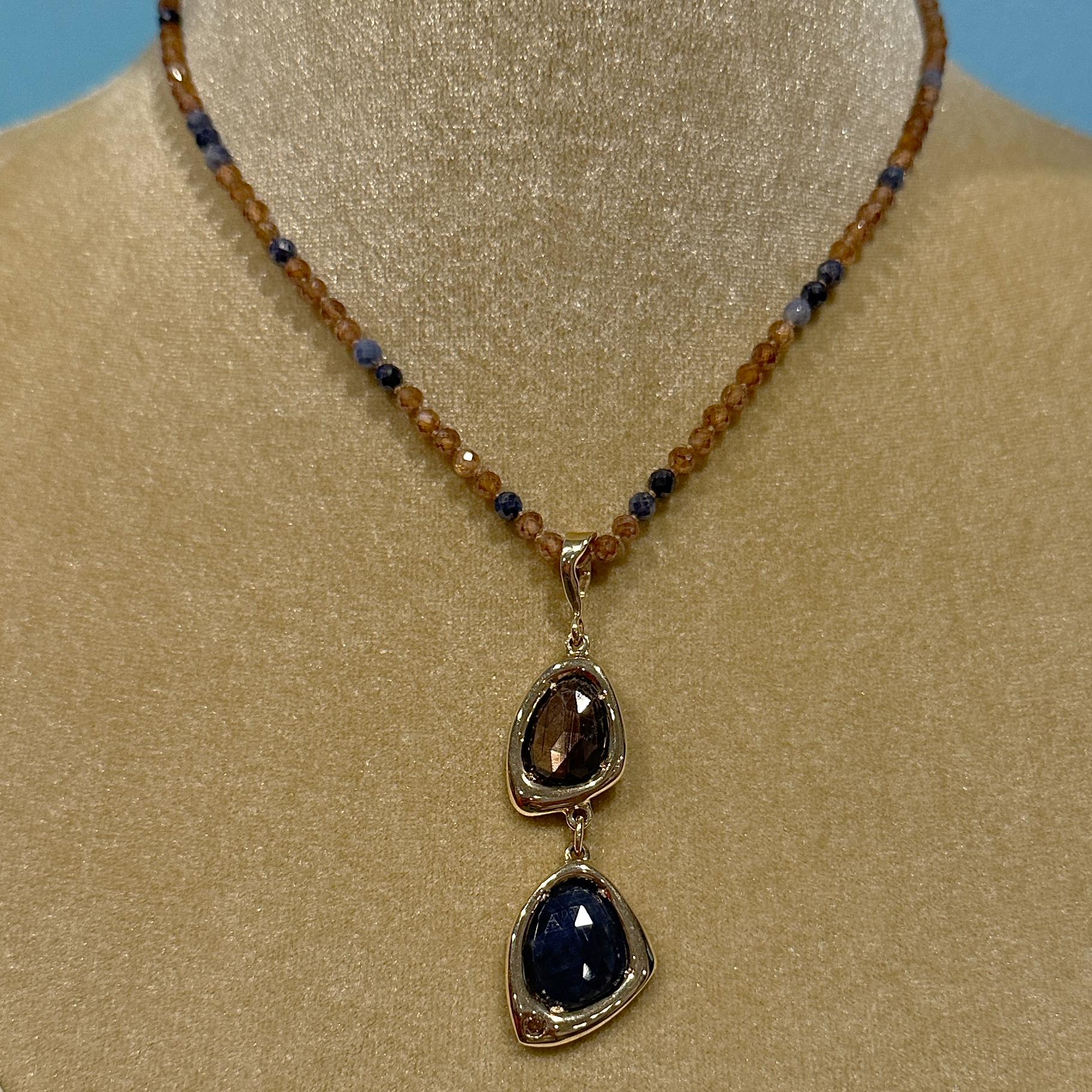 Women's or Men's Blue & Brown Sapphire Slice Pendant with Brown Diamond & Sapphire/Zircon Chain For Sale