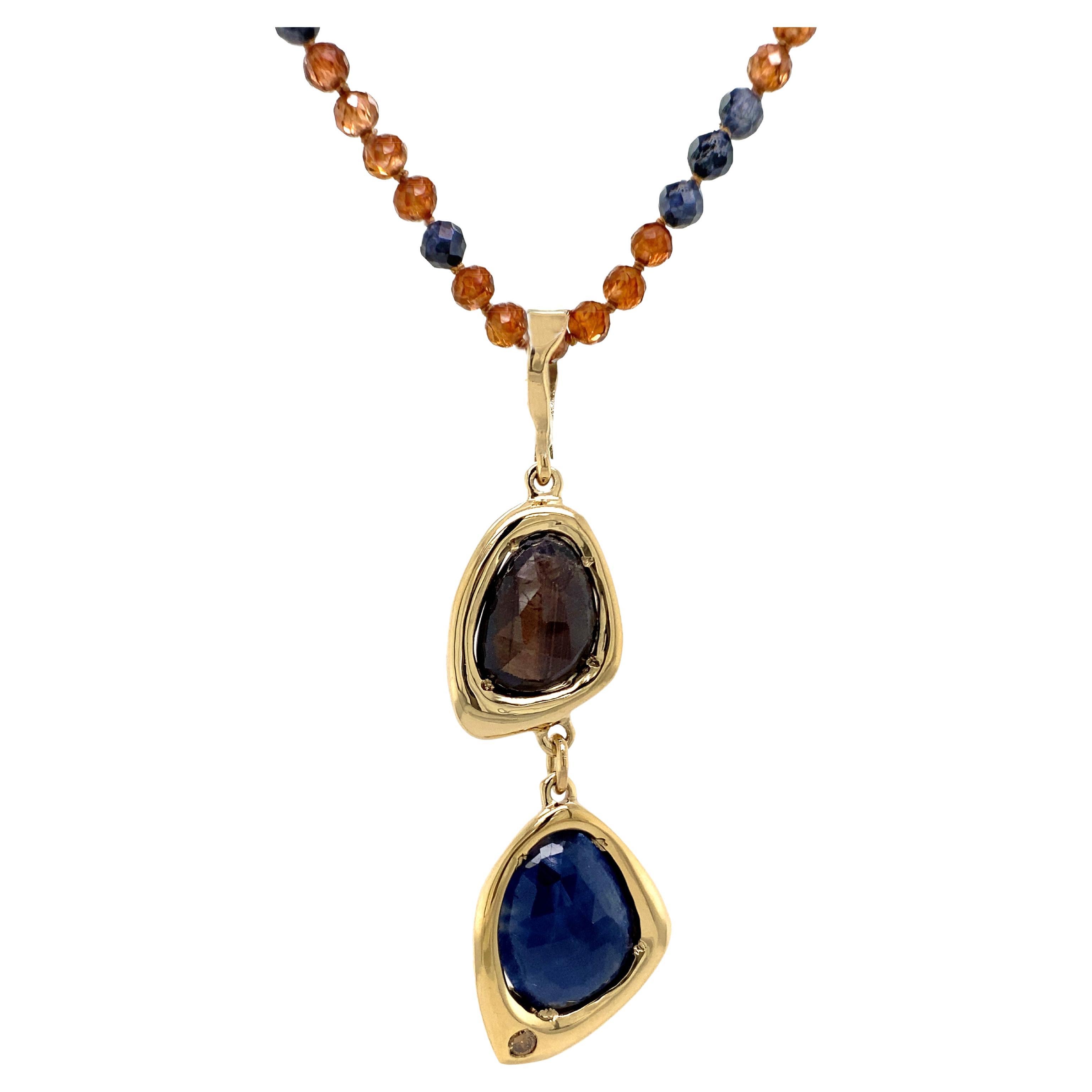 Blue & Brown Sapphire Slice Pendant with Brown Diamond & Sapphire/Zircon Chain For Sale