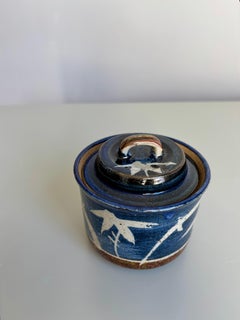 Blue, Brown, White Bamboo Decor Lidded Ceramic Jar, circa 1980s