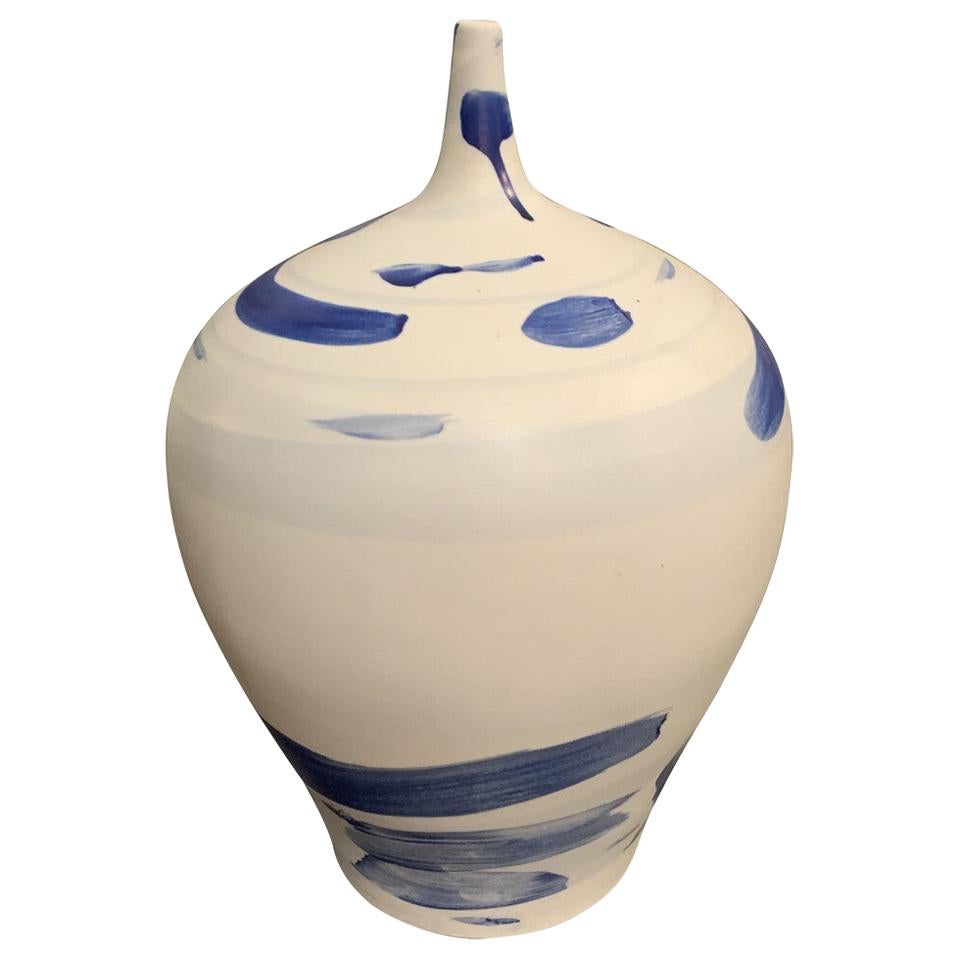 Blue Brush Strokes On White Ceramic Vase, China, Contemporary