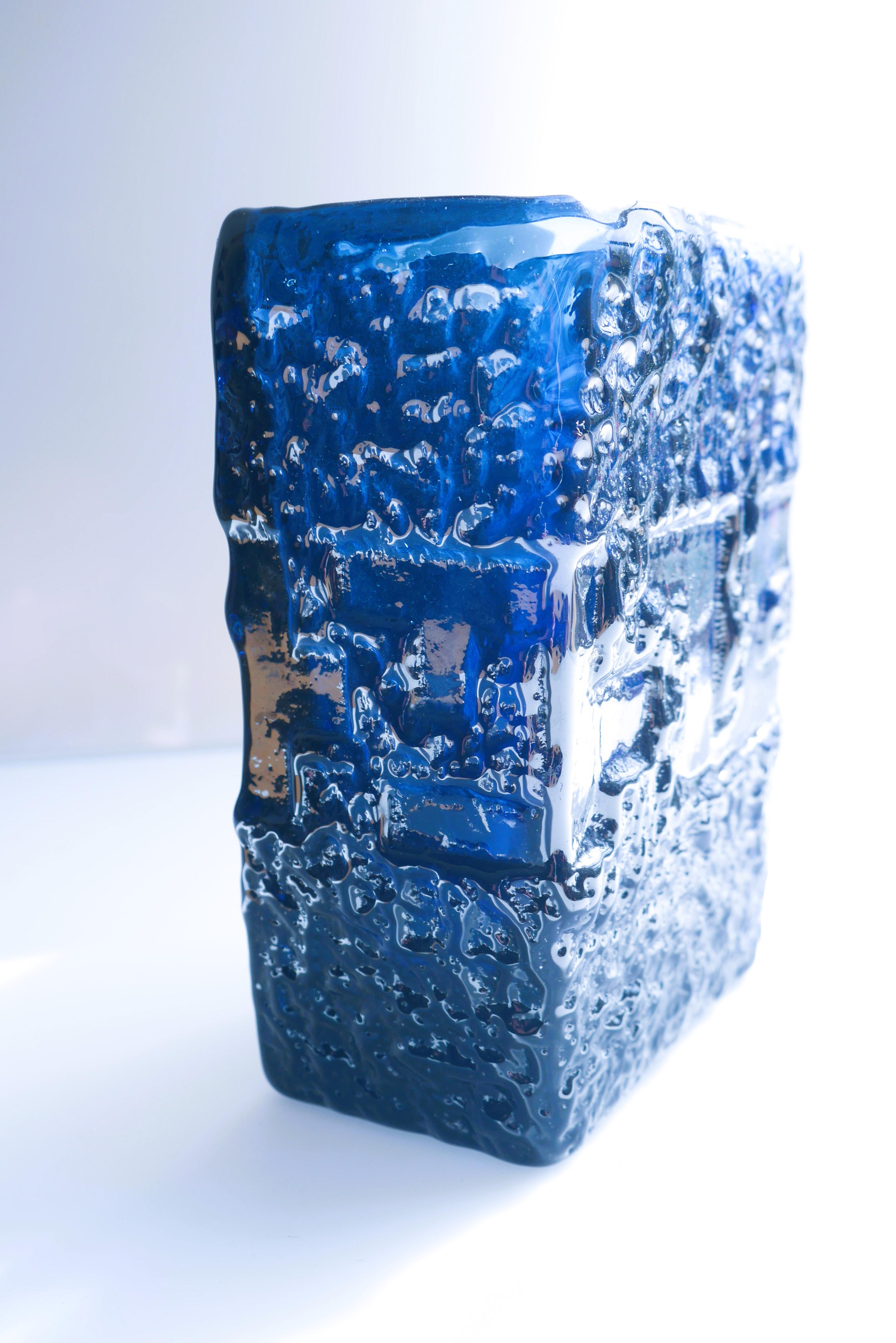 Blue brutalist art glass vase from the 