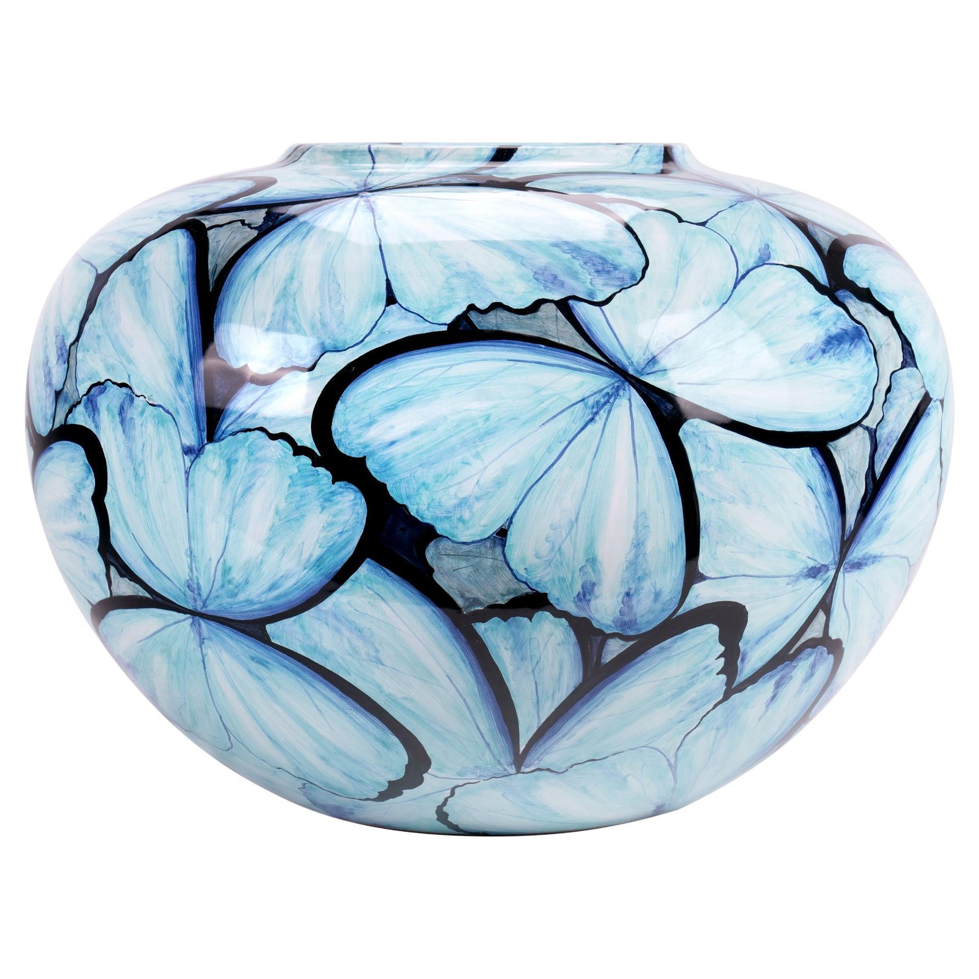 Blue Butterflies Vase, Vessel Glazed Ceramic, Majolica Ornament