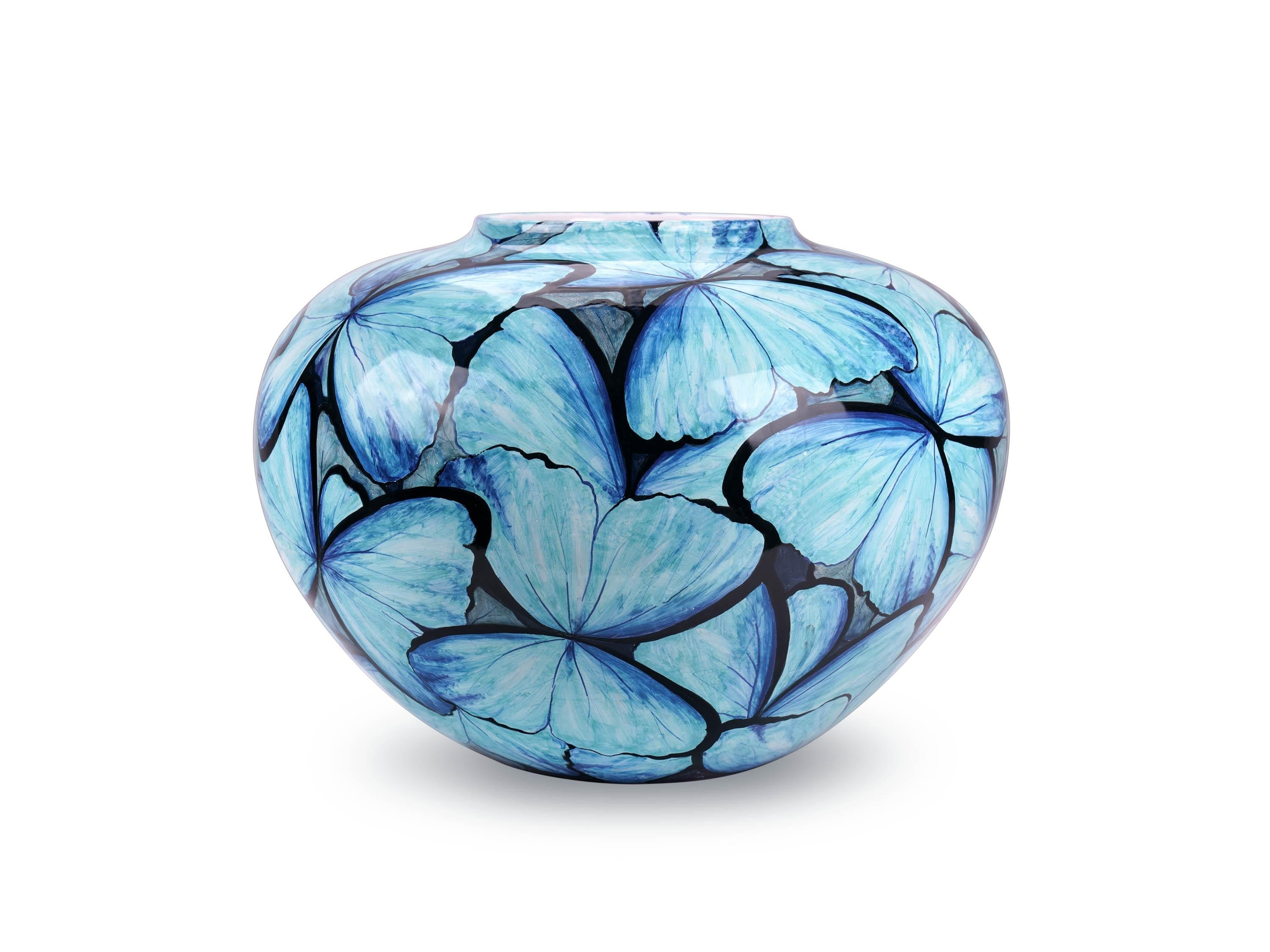 Blue Butterflies Vase, Vessel Glazed Ceramic, Majolica Ornament, Handmade Italy  For Sale 5