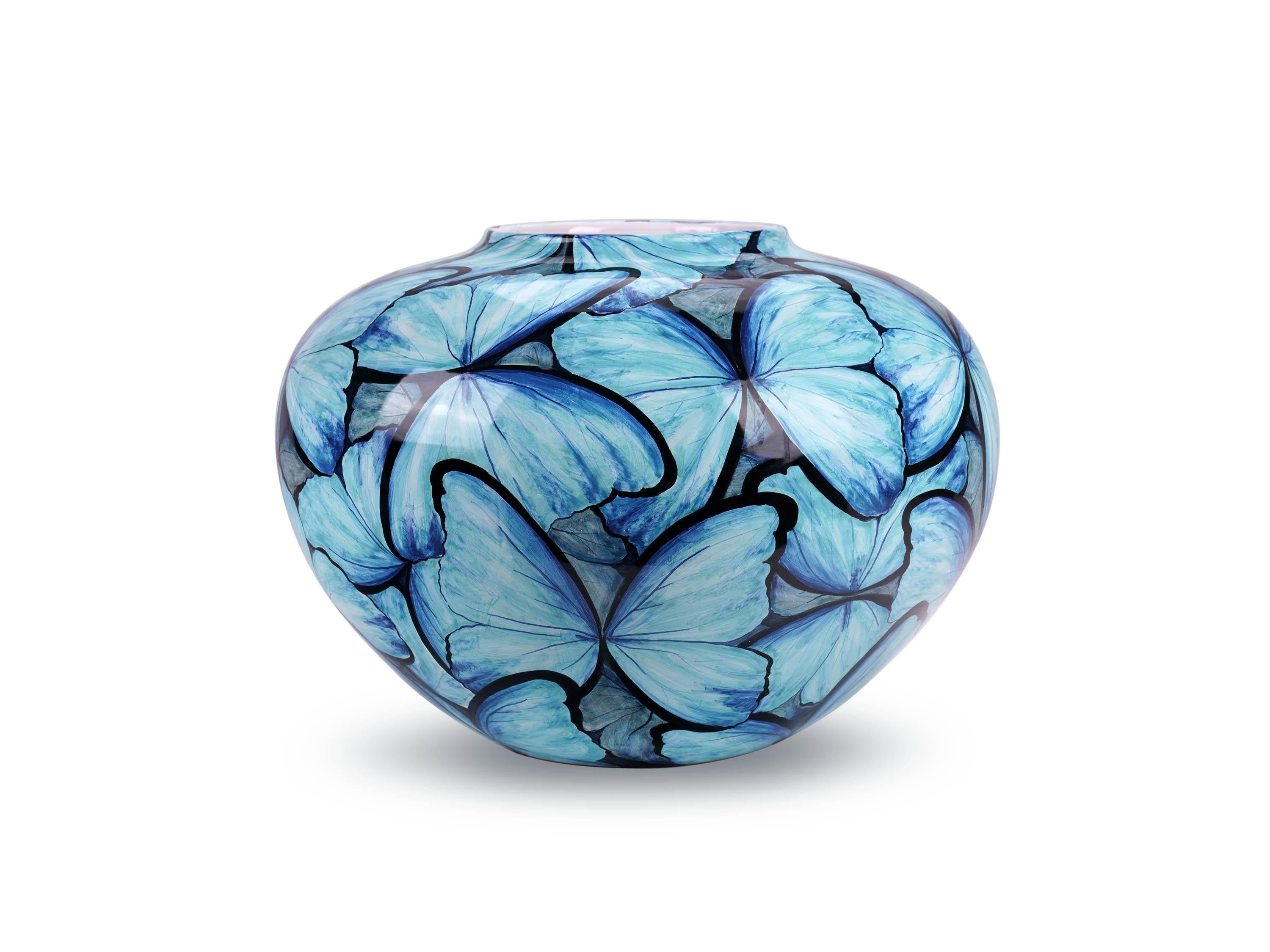 Blue Butterflies Vase, Vessel Glazed Ceramic, Majolica Ornament, Handmade Italy  For Sale 6