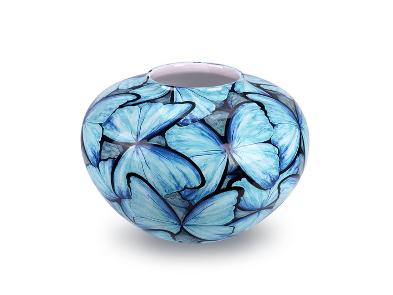 Blue Butterflies Vase, Vessel Glazed Ceramic, Majolica Ornament, Handmade Italy  For Sale 8