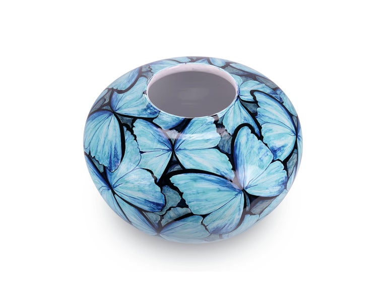 Blue Butterflies Vase, Vessel Glazed Ceramic, Majolica Ornament, Handmade Italy  For Sale 9