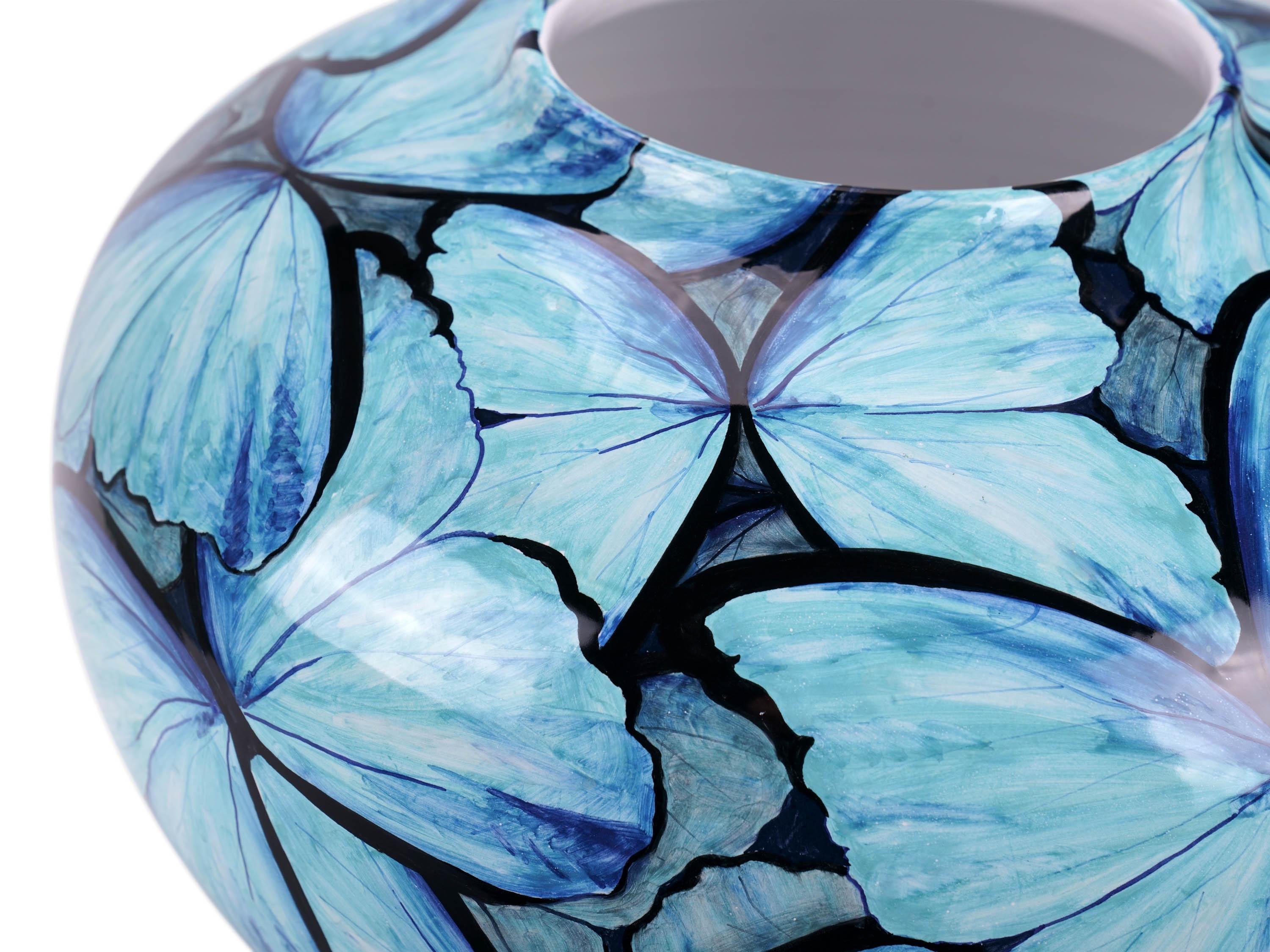 Blue Butterflies Vase, Vessel Glazed Ceramic, Majolica Ornament, Handmade Italy  For Sale 9