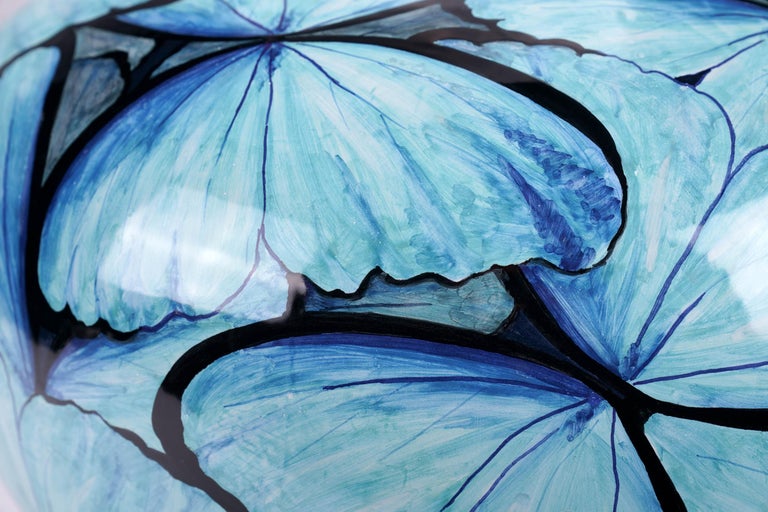 Blue Butterflies Vase, Vessel Glazed Ceramic, Majolica Ornament, Handmade Italy  For Sale 11