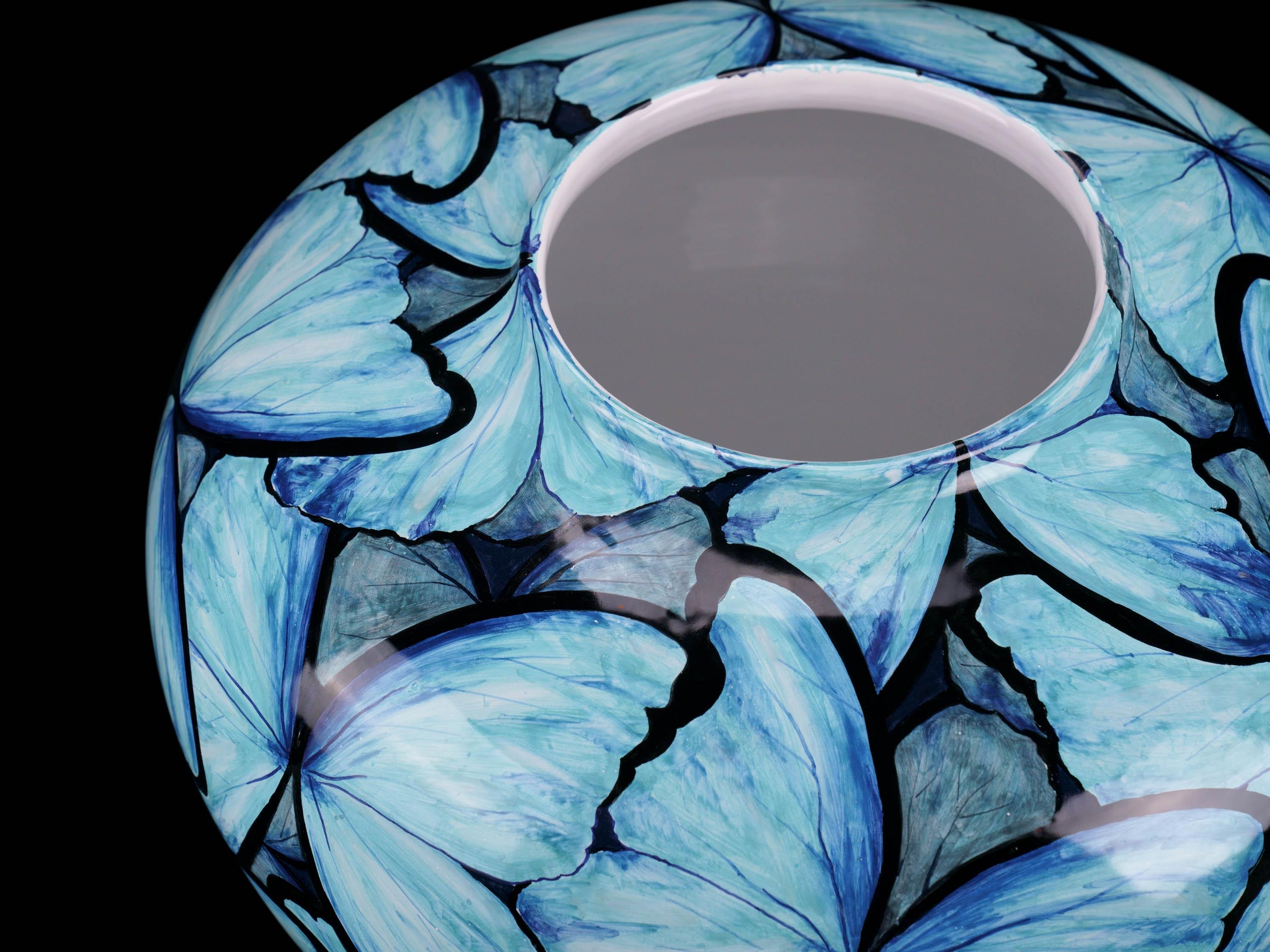 Contemporary Blue Butterflies Vase, Vessel Glazed Ceramic, Majolica Ornament, Handmade Italy  For Sale
