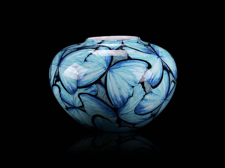 Contemporary Blue Butterflies Vase, Vessel Glazed Ceramic, Majolica Ornament, Handmade Italy  For Sale