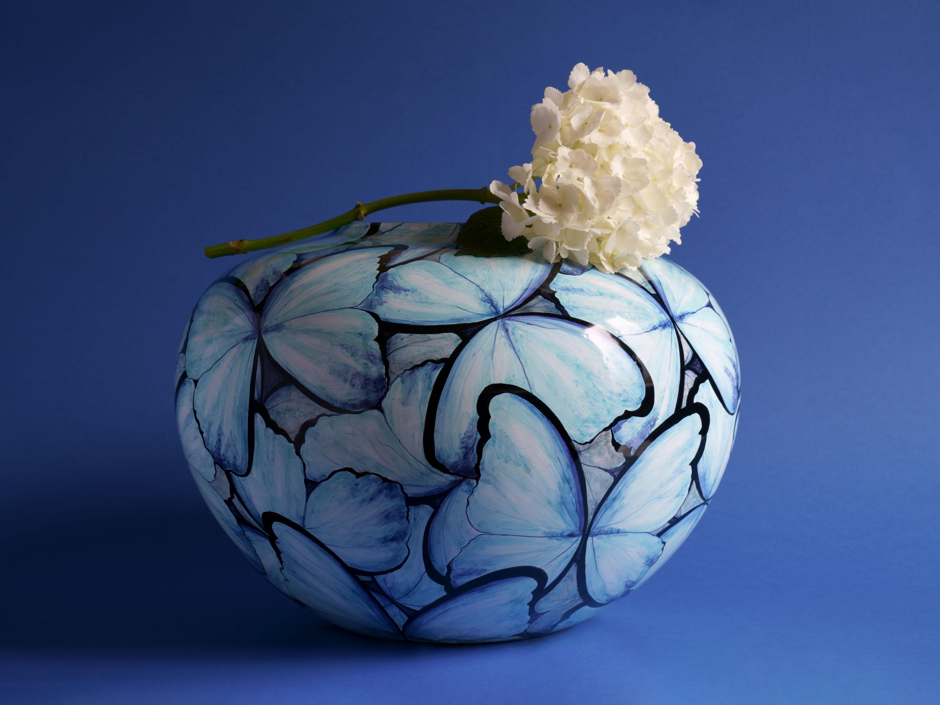 Turned Blue Butterflies Vase, Vessel Glazed Ceramic, Majolica Ornament, Handmade Italy  For Sale