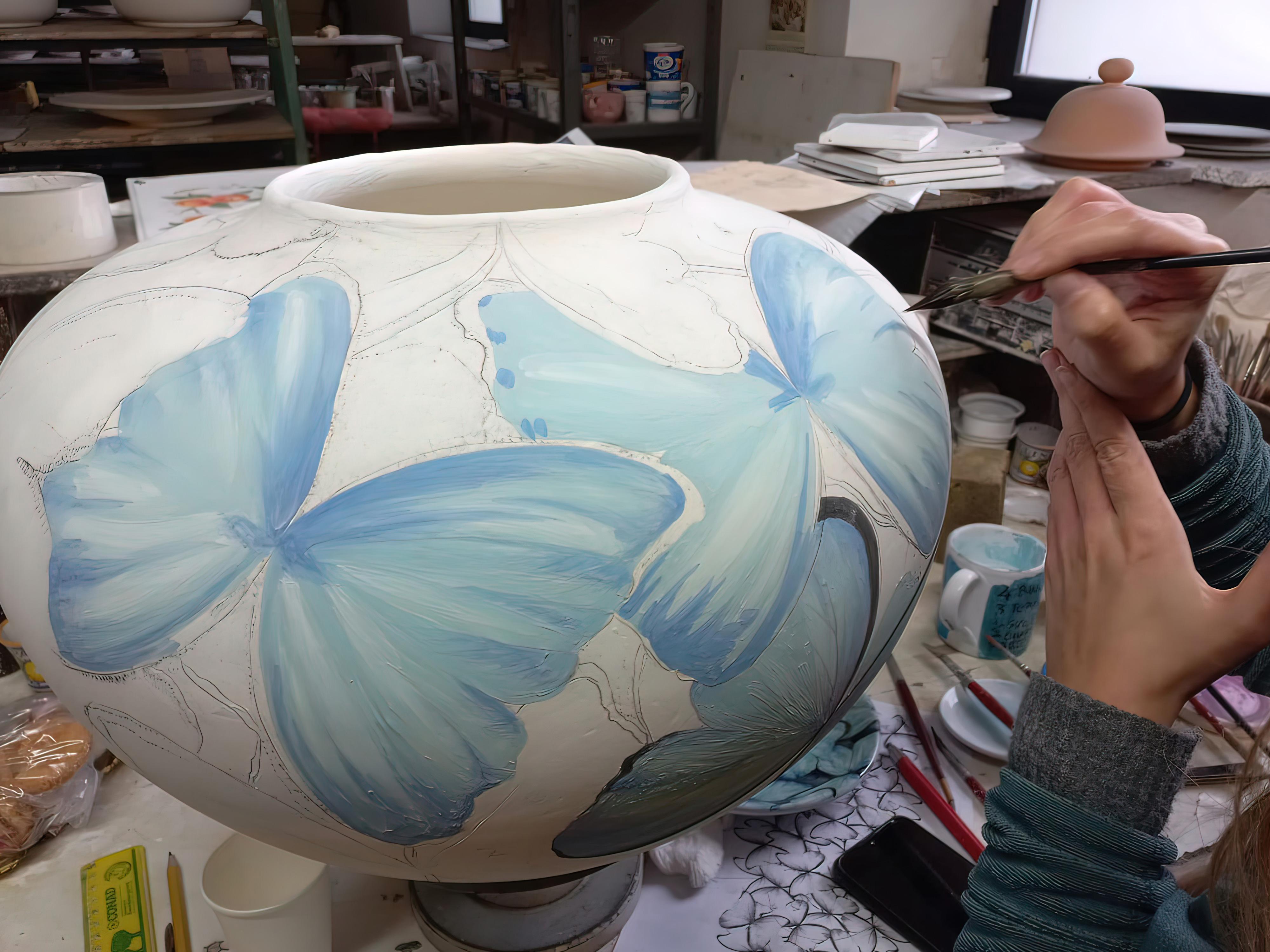 Italian Blue Butterflies Vase, Vessel Glazed Ceramic, Majolica Ornament, Handmade Italy  For Sale