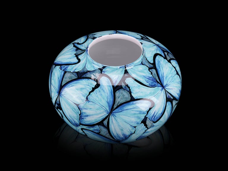 Blue Butterflies Vase, Vessel Glazed Ceramic, Majolica Ornament, Handmade Italy  For Sale 1