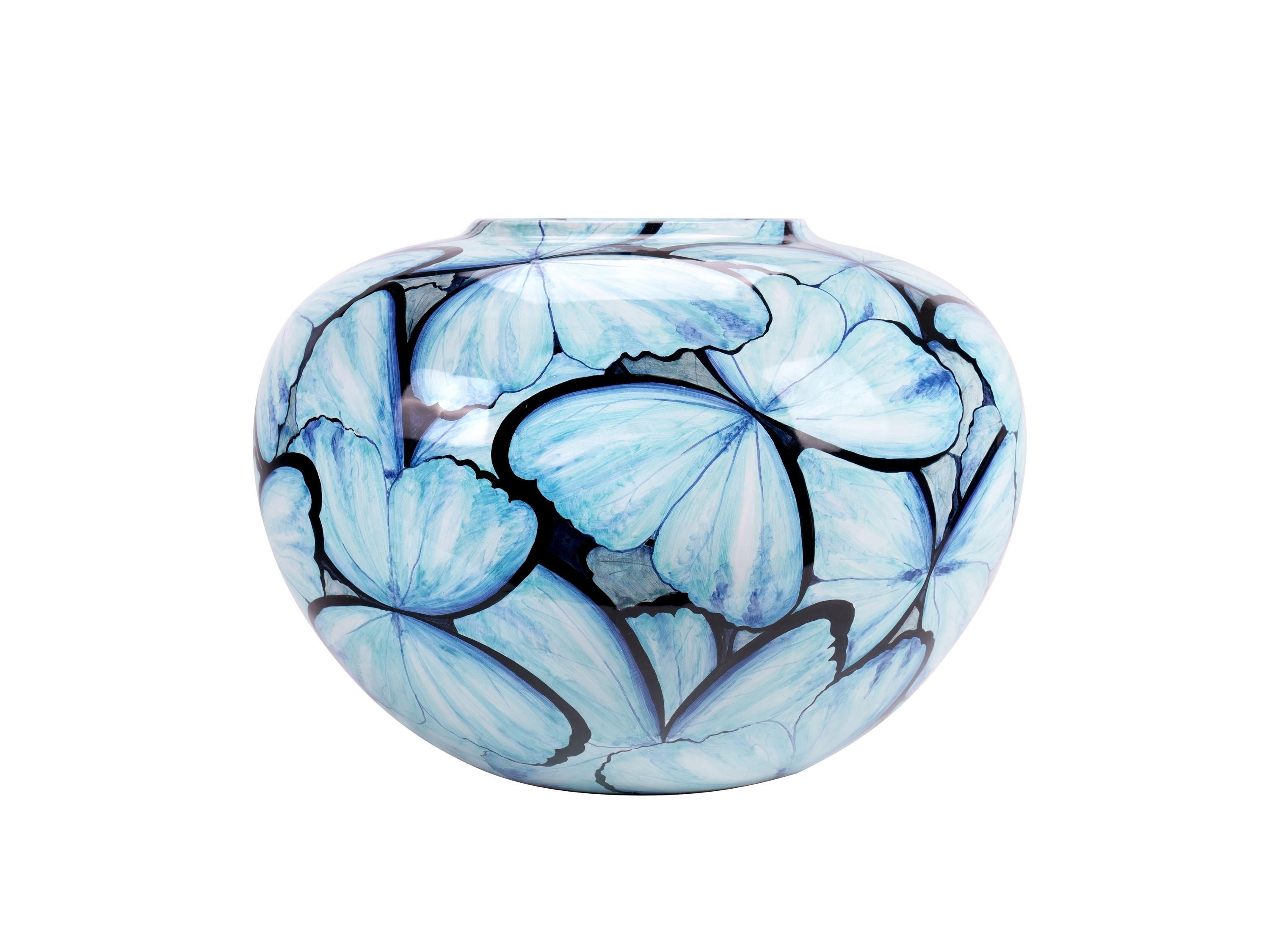 Blue Butterflies Vase, Vessel Glazed Ceramic, Majolica Ornament, Handmade Italy  In New Condition For Sale In Recanati, IT