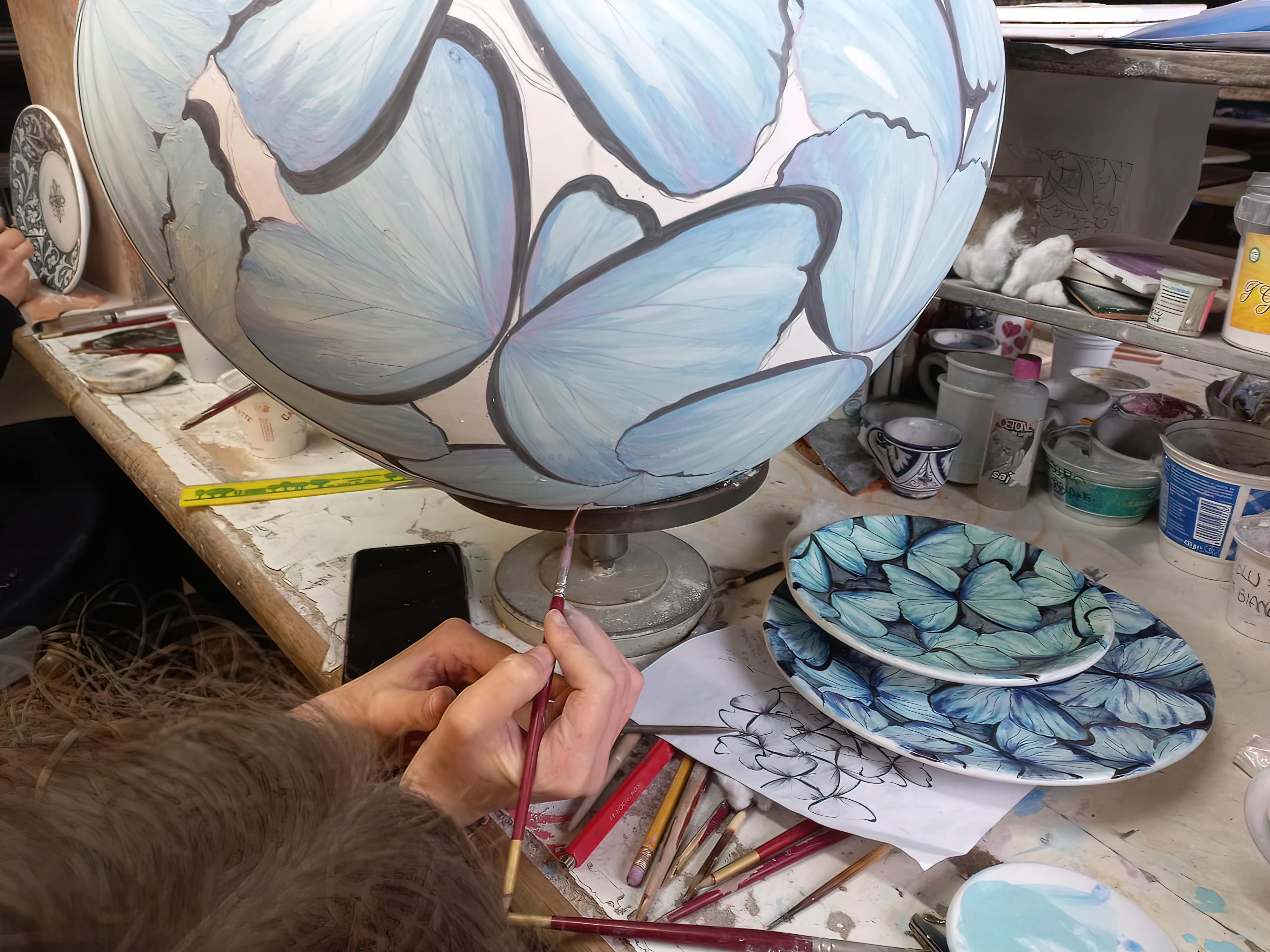 Turned Blue Butterflies Vase, Vessel Glazed Ceramic, Majolica Ornament, Handmade Italy  For Sale