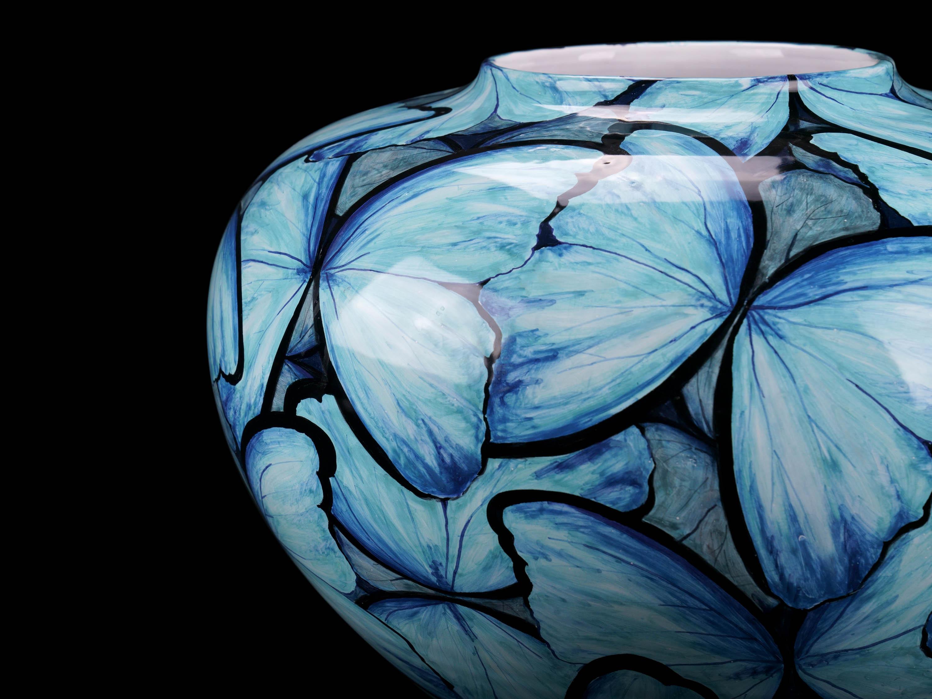Blue Butterflies Vase, Vessel Glazed Ceramic, Majolica Ornament, Handmade Italy  For Sale 3