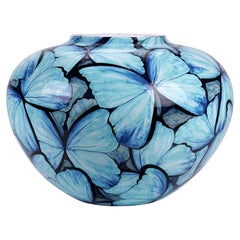 Blue Butterflies Vase, Vessel Glazed Ceramic, Majolica Ornament, Handmade Italy 