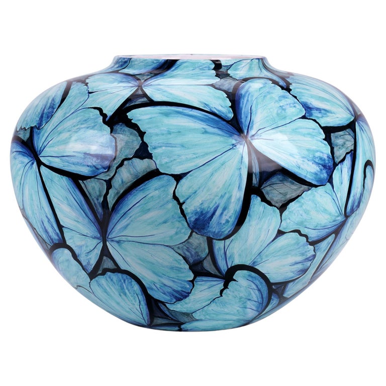 Blue Butterflies Vase, Vessel Glazed Ceramic, Majolica Ornament, Handmade Italy  For Sale