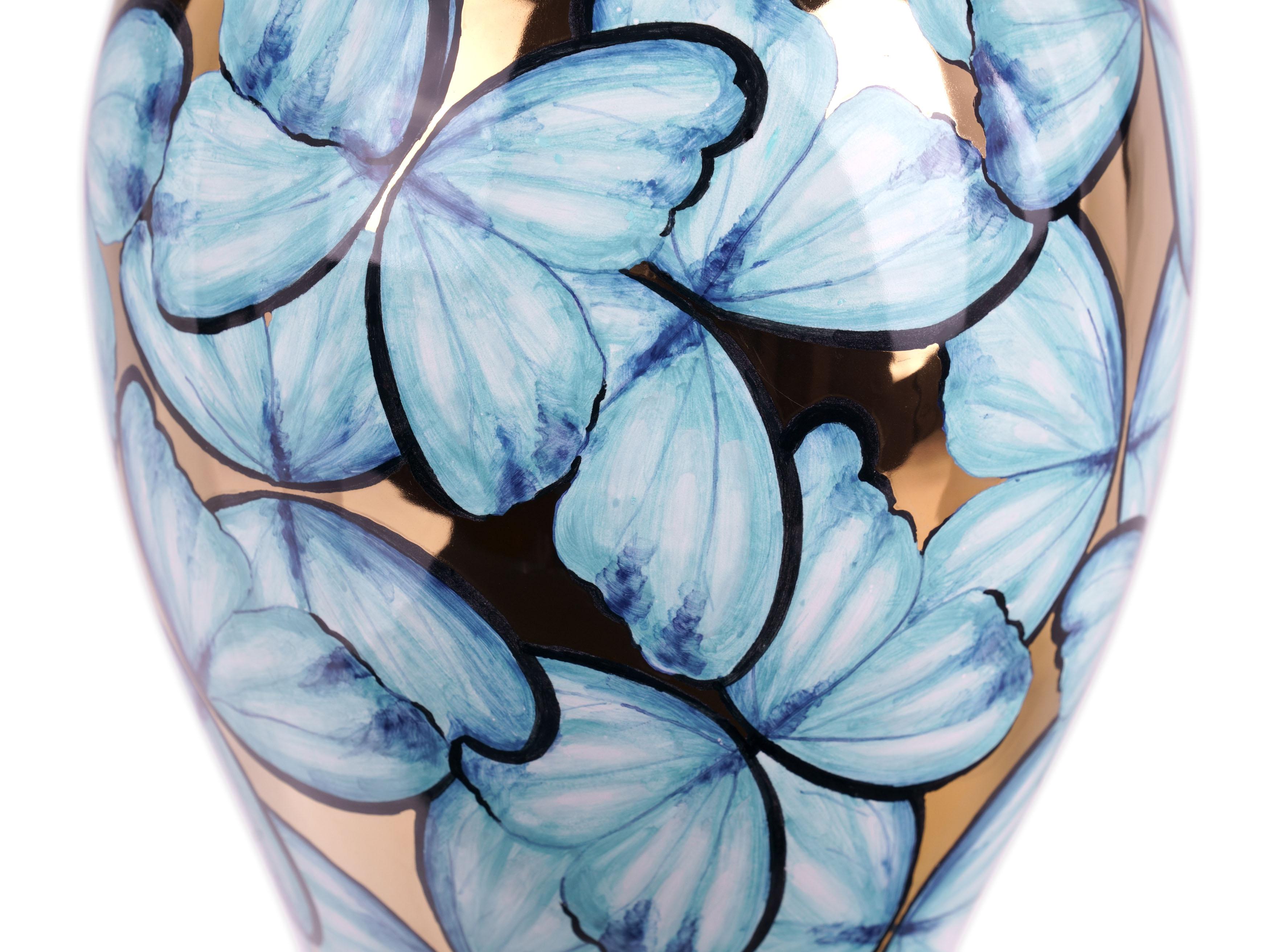 Blue Ceramic Vase Butterflies 24 Kt Gold Luster Hand Painted Decorative Vessel For Sale 3
