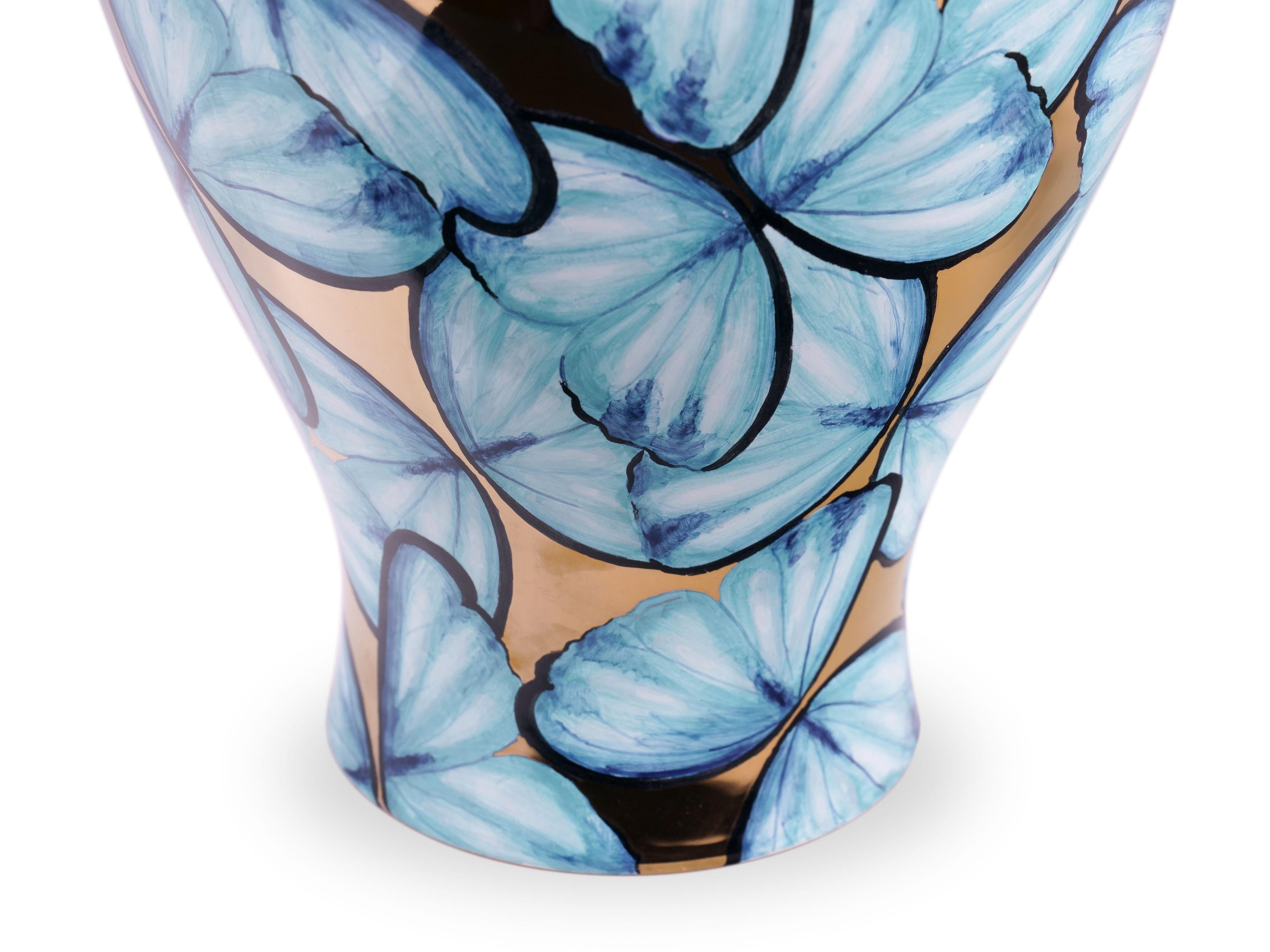 Blue Ceramic Vase Butterflies 24 Kt Gold Luster Hand Painted Decorative Vessel For Sale 4